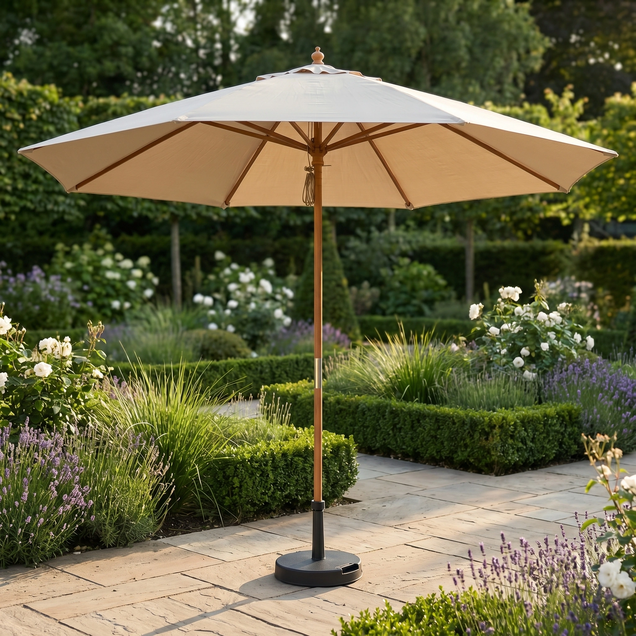 The Kratos 3m Round Wooden Parasol in Beige stands on a stone terrace amid lush greenery and flowers, providing stylish shade and UV protection.