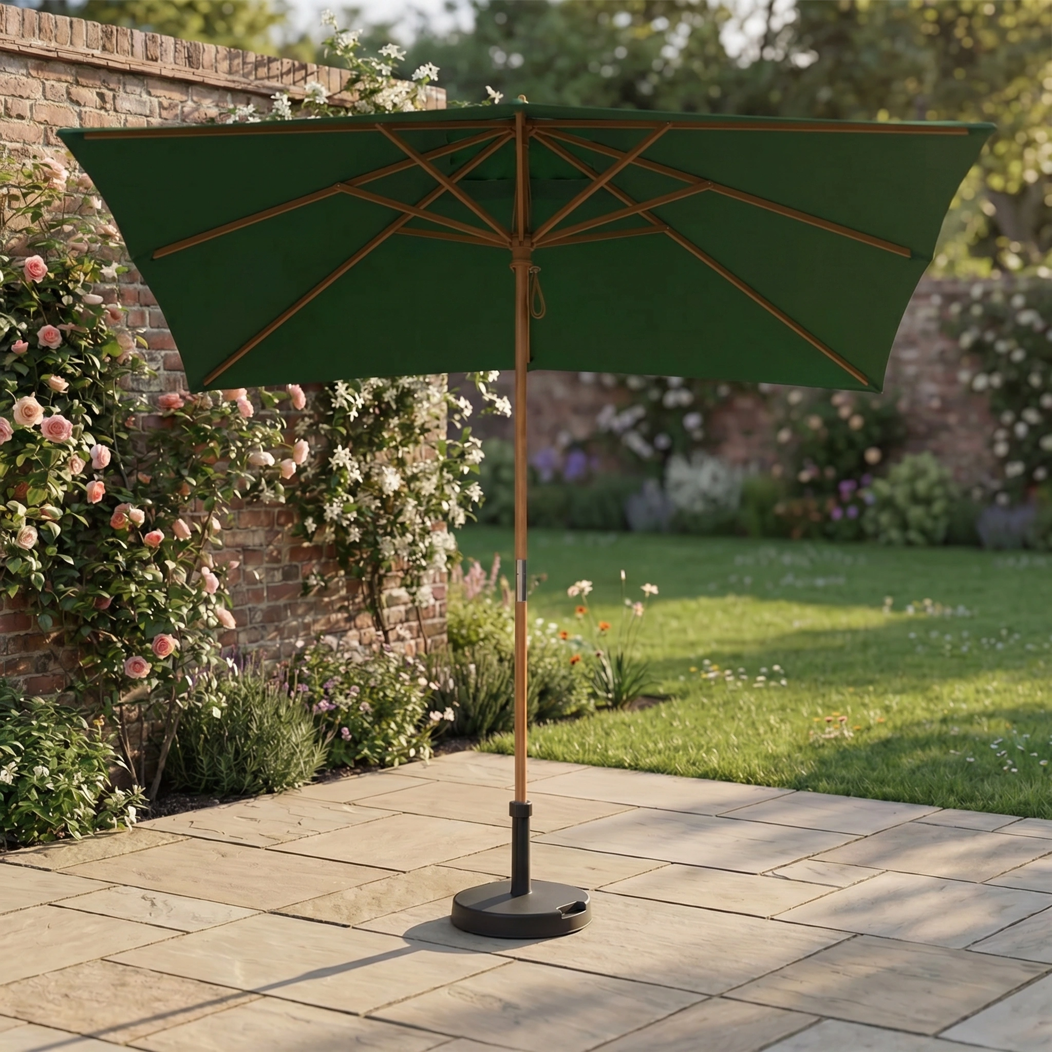 The Kratos 3m x 2m Rectangular Wooden Parasol in Green stands on a stone patio in a sunny garden, surrounded by vibrant flowers and a brick wall.