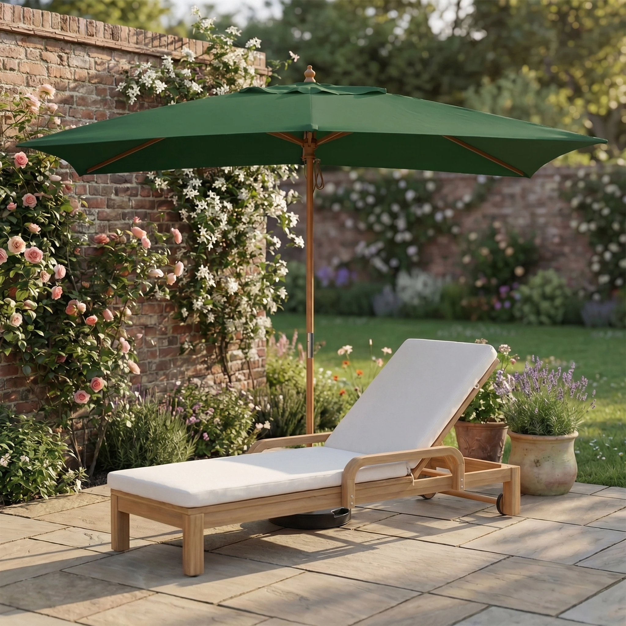 Wooden lounge chair with white cushion under the Kratos 3m x 2m Rectangular Wooden Parasol in green on a flower-filled garden patio.