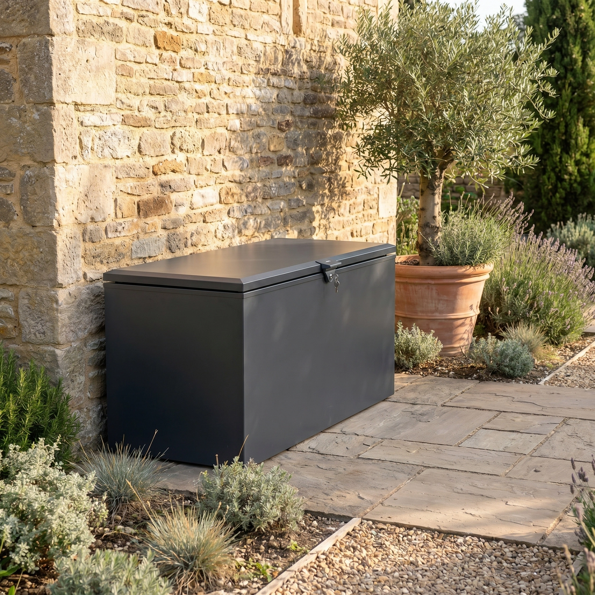 The Large Storage Box in Grey, made of galvanised steel and lockable, stands on a stone patio next to a brick wall and potted plants.