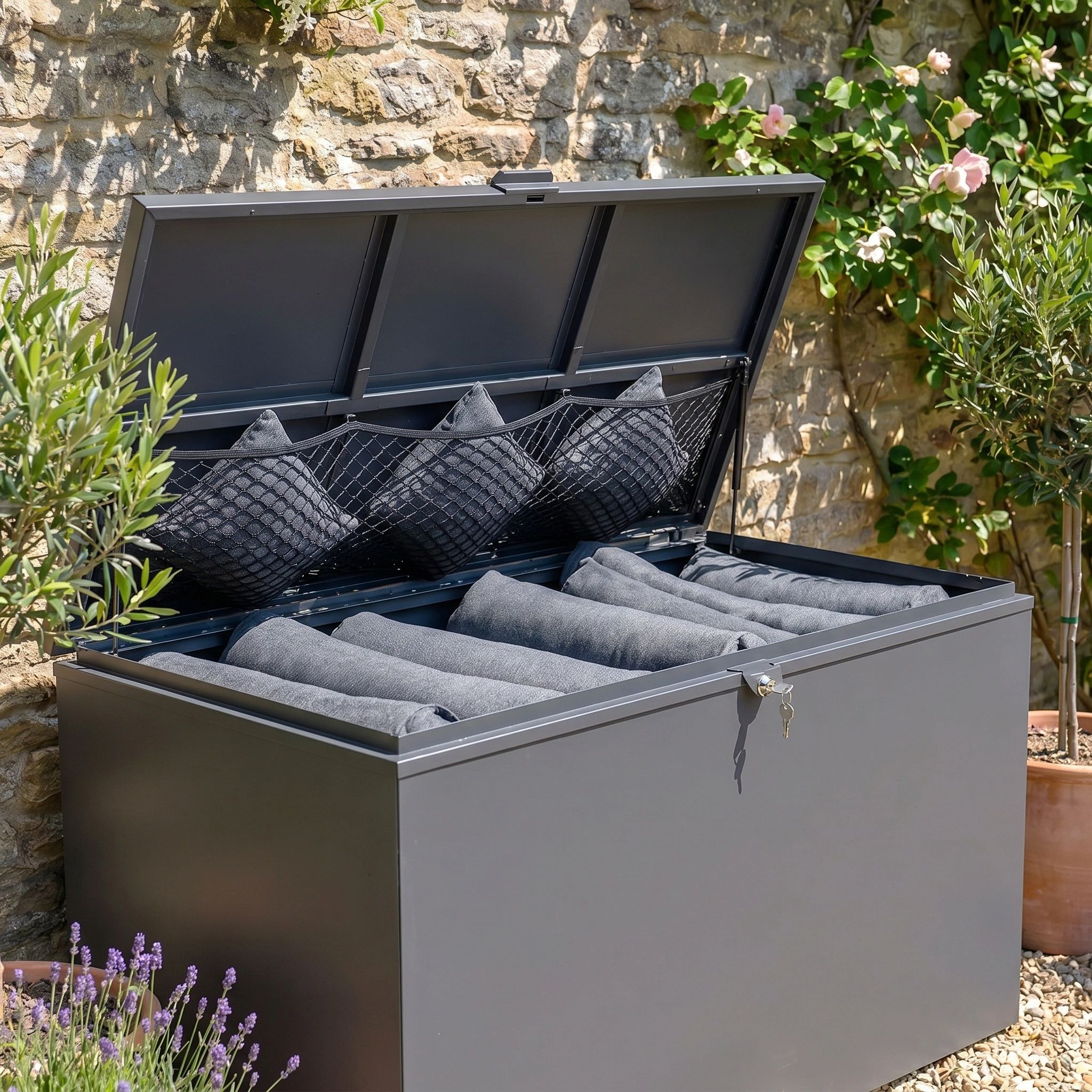 The Large Storage Box in Grey, crafted from galvanised steel and shown holding black cushions and towels with its lid open, sits by a stone wall among lush plants—ideal for stylish outdoor storage.