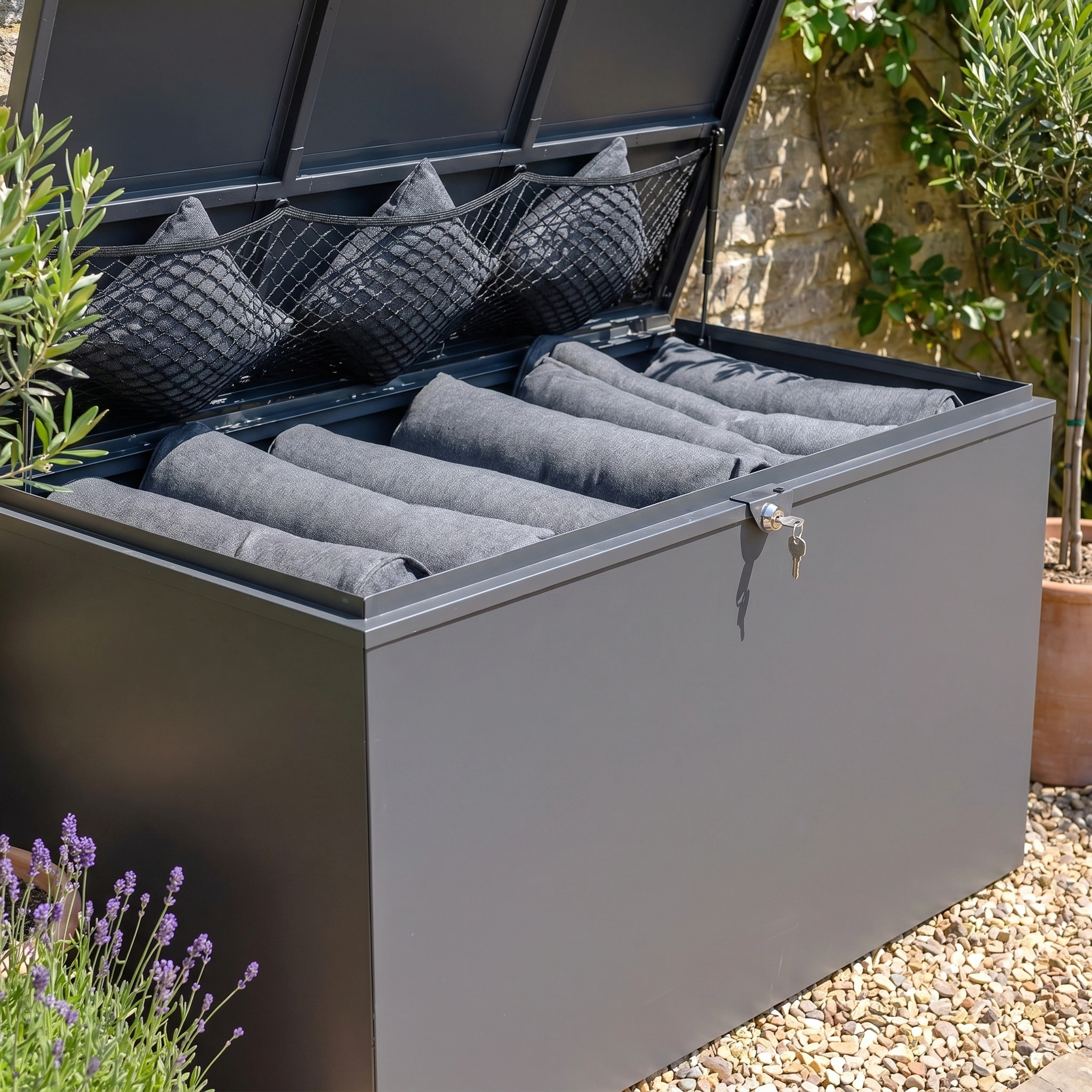 The Large Storage Box in Grey, made from durable galvanised steel, is perfect for outdoor storage. It holds rolled grey cushions and pillows and can be secured with a lock.