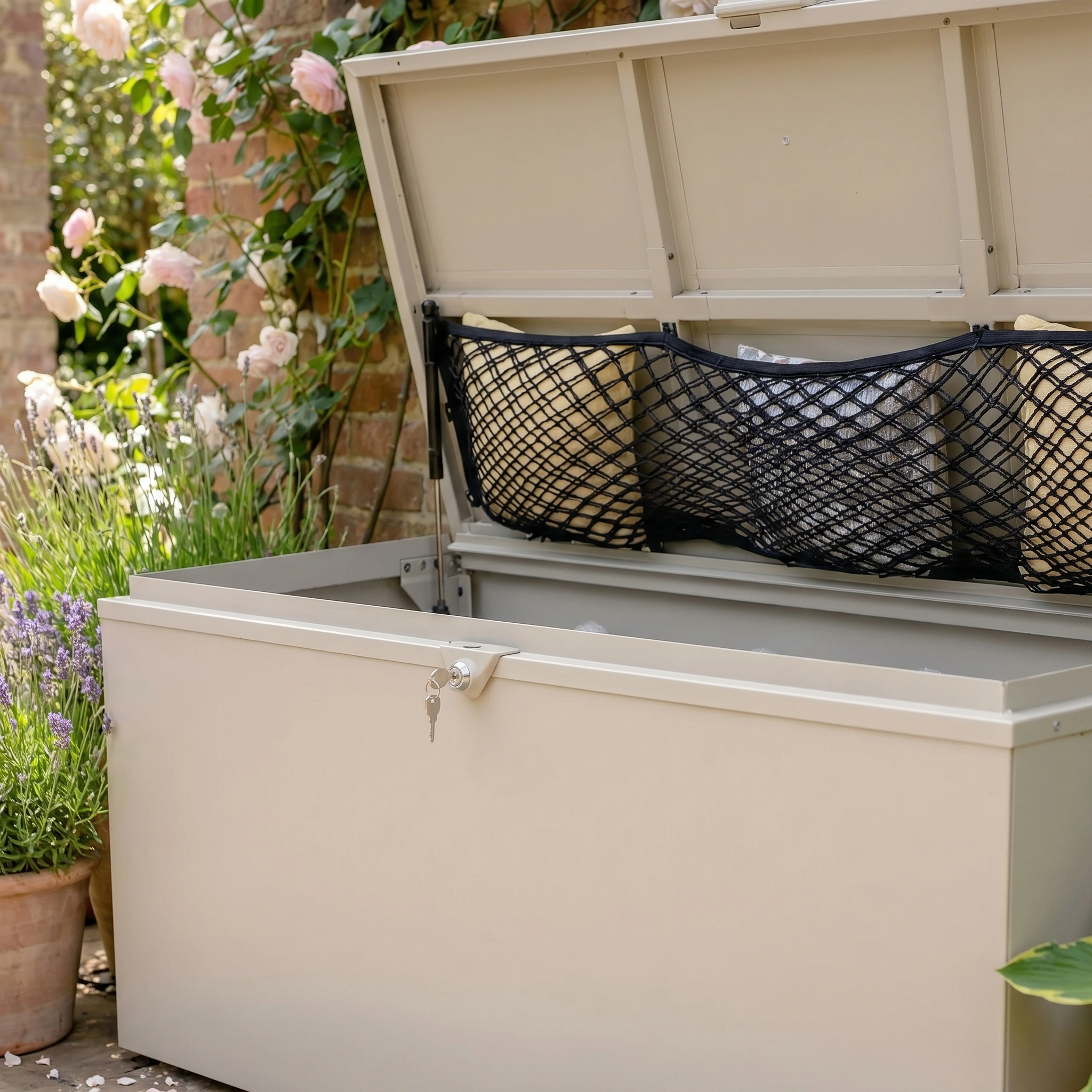 The Large Storage Box in Latte stands open to display stored cushions and a locked key, with flowers nearby. This watertight garden box keeps items dry and secure outdoors.