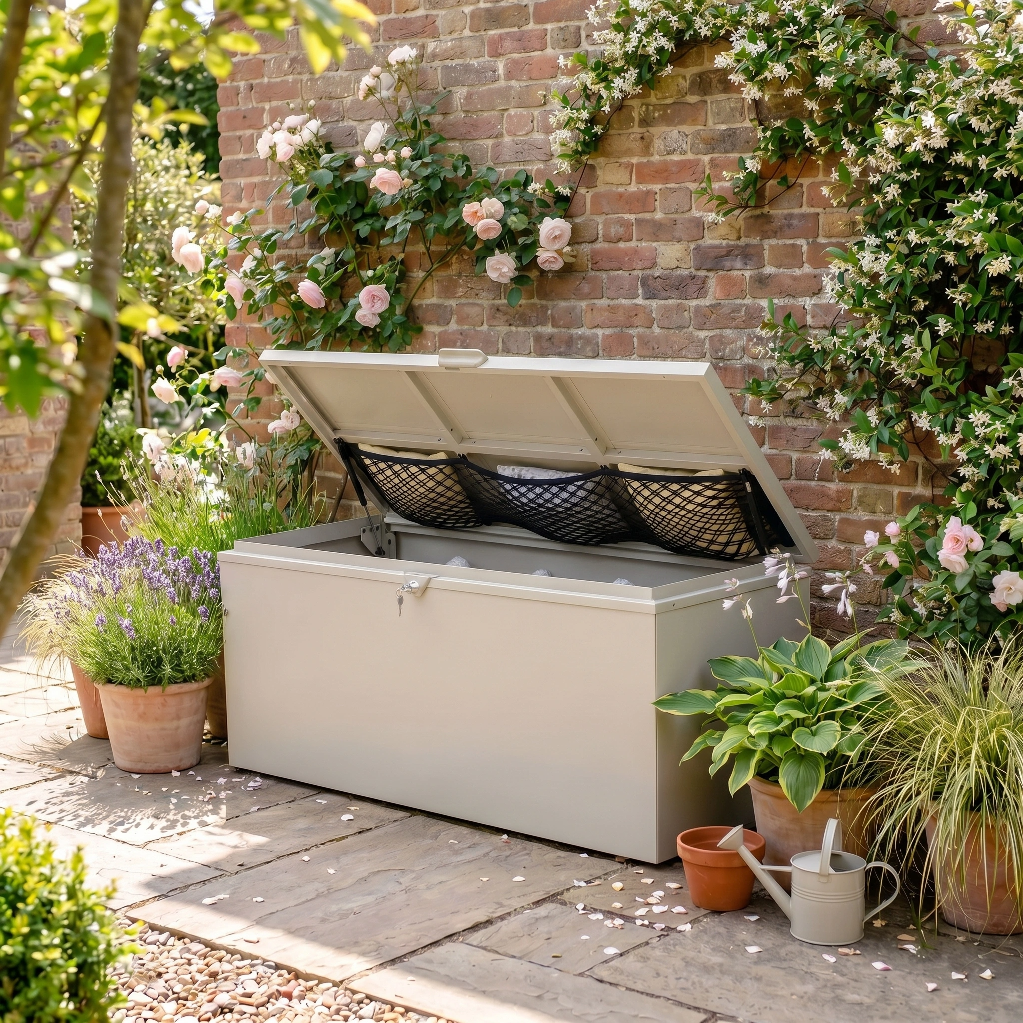 The Large Storage Box in Latte is open beside potted plants and a brick wall with climbing roses, offering watertight outdoor storage for your garden tools and supplies.