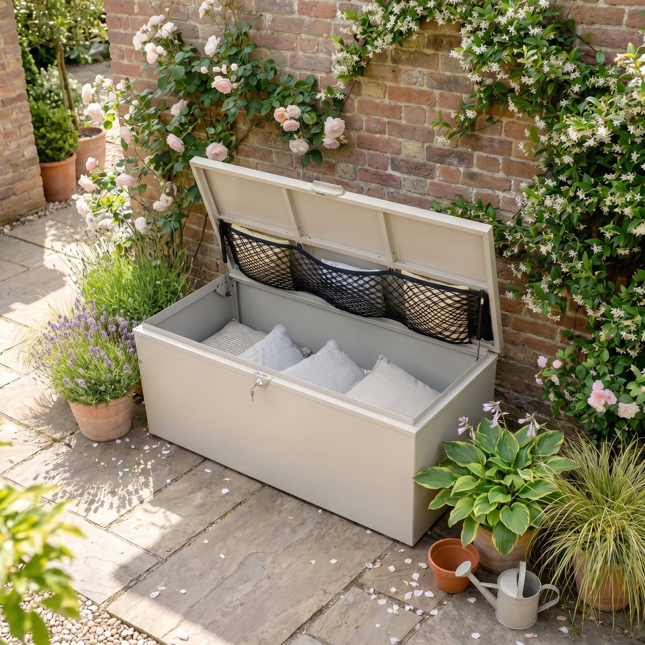 The Large Storage Box in Latte, filled with cushions and set among potted plants and climbing roses on a patio, offers a stylish and watertight garden storage solution for your space.