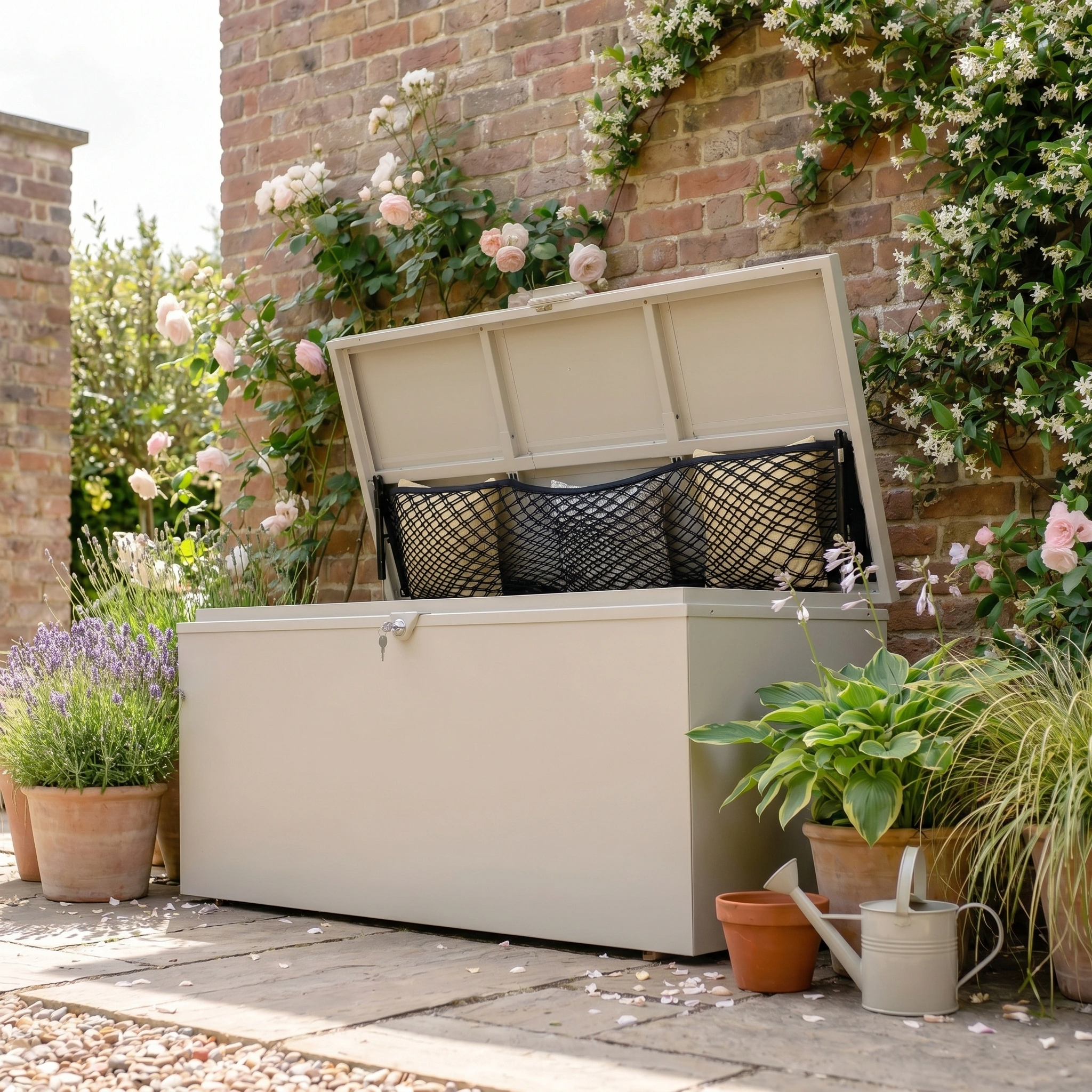 Large Storage Box in Latte open on a patio, surrounded by potted plants and flowers against a brick wall—perfect as a watertight garden storage solution.