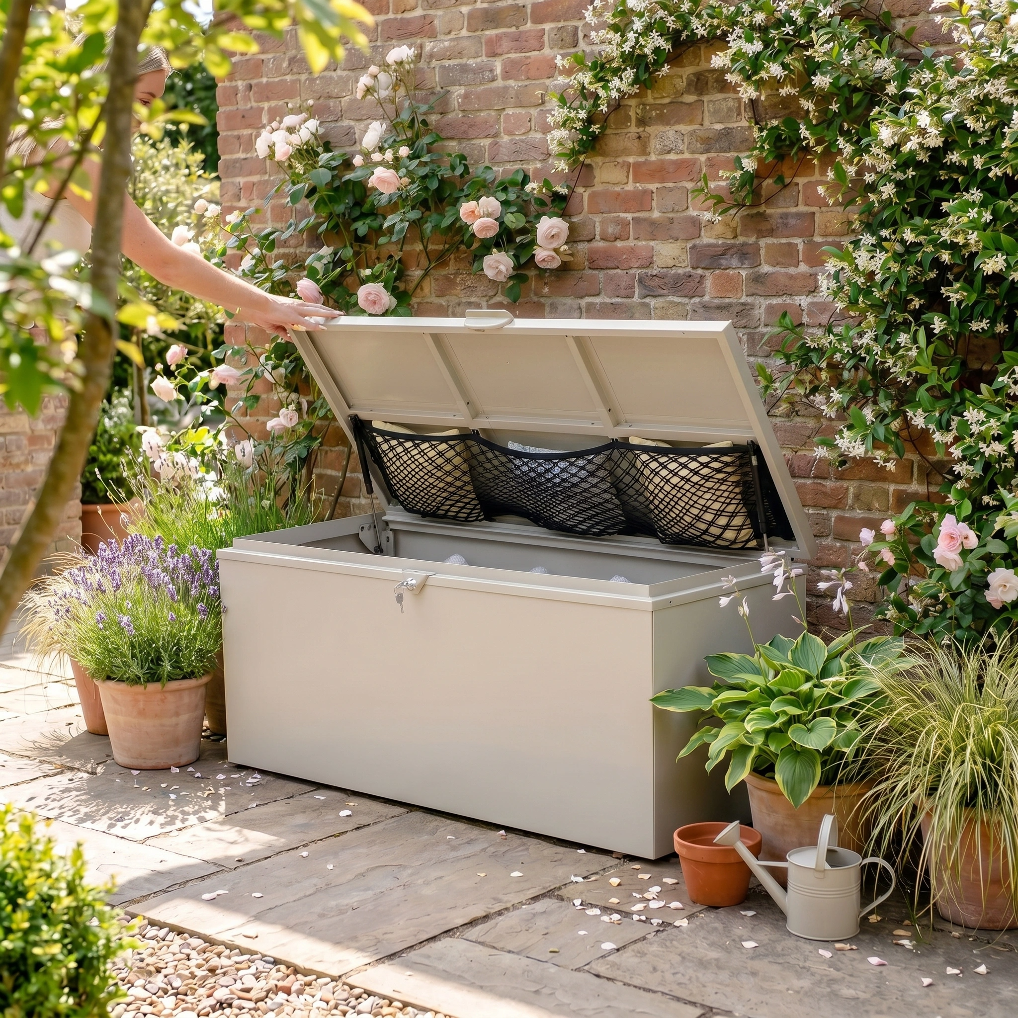 A person opens a Large Storage Box in Latte on a flower-filled garden patio next to a brick wall.