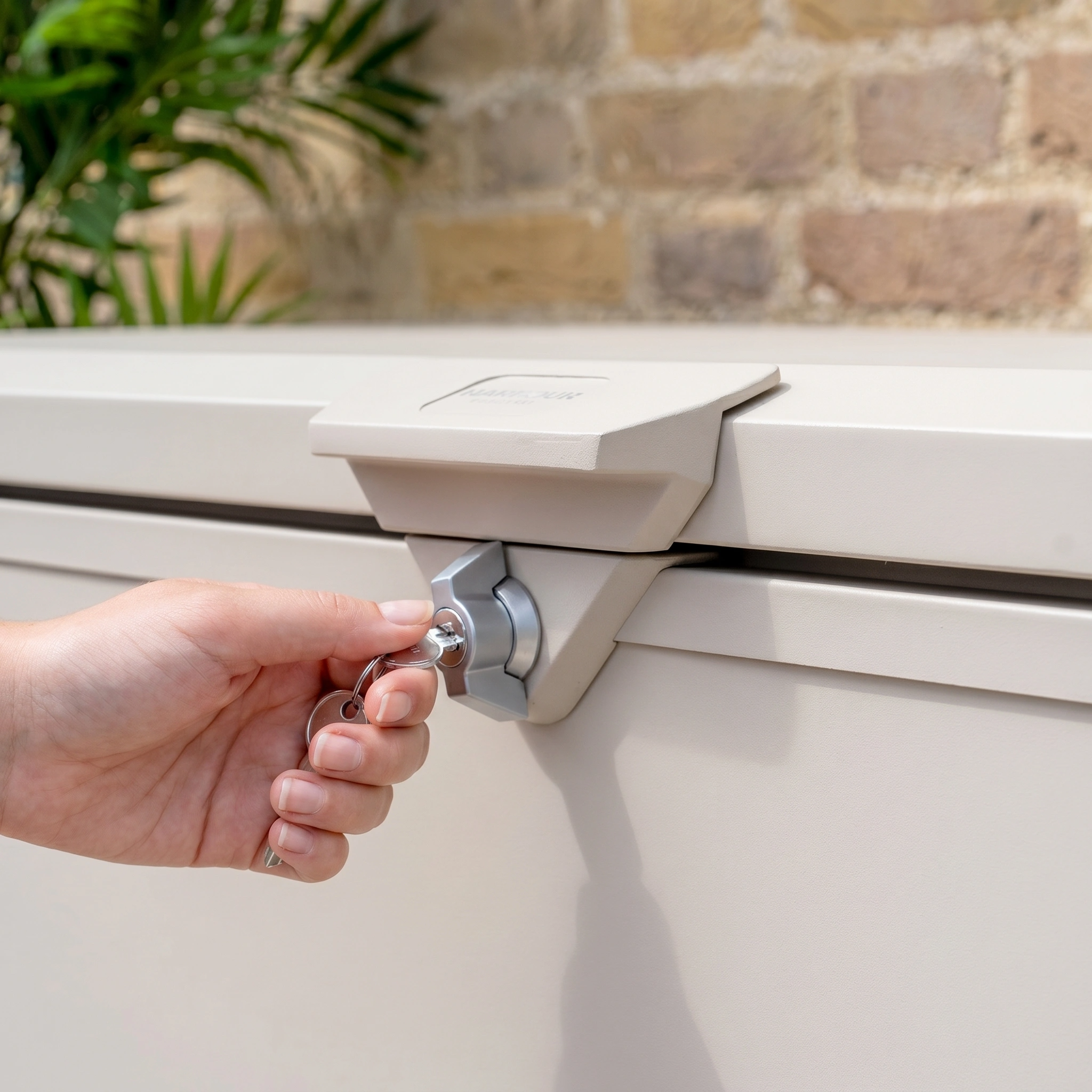 A hand inserts a key into the lock of the Large Storage Box in Latte, a beige watertight garden unit placed in front of a brick wall.