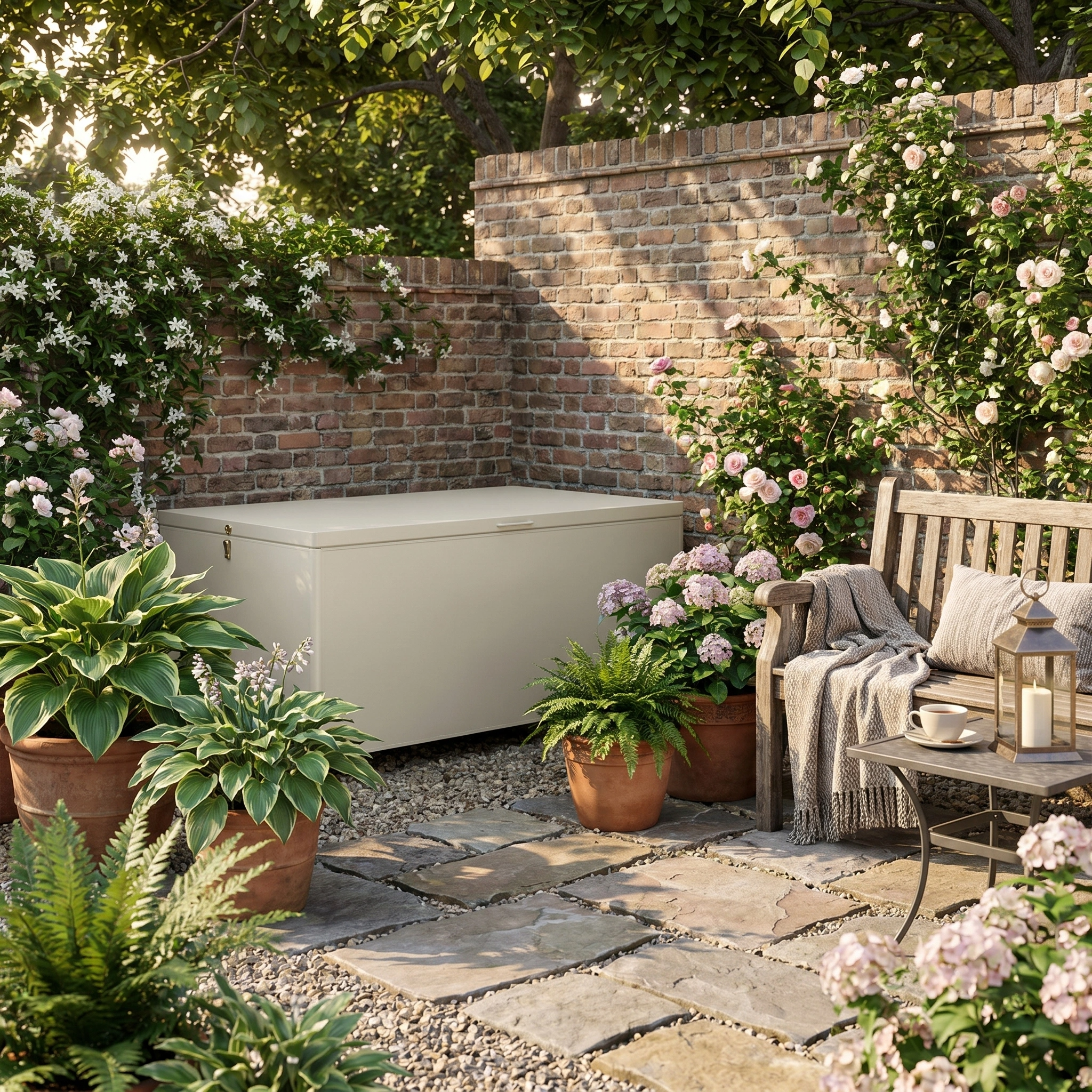 A garden patio with a wooden bench, potted plants, flowers, a lantern, and the Large Storage Box in Latte for your essentials, all basking in the sun.