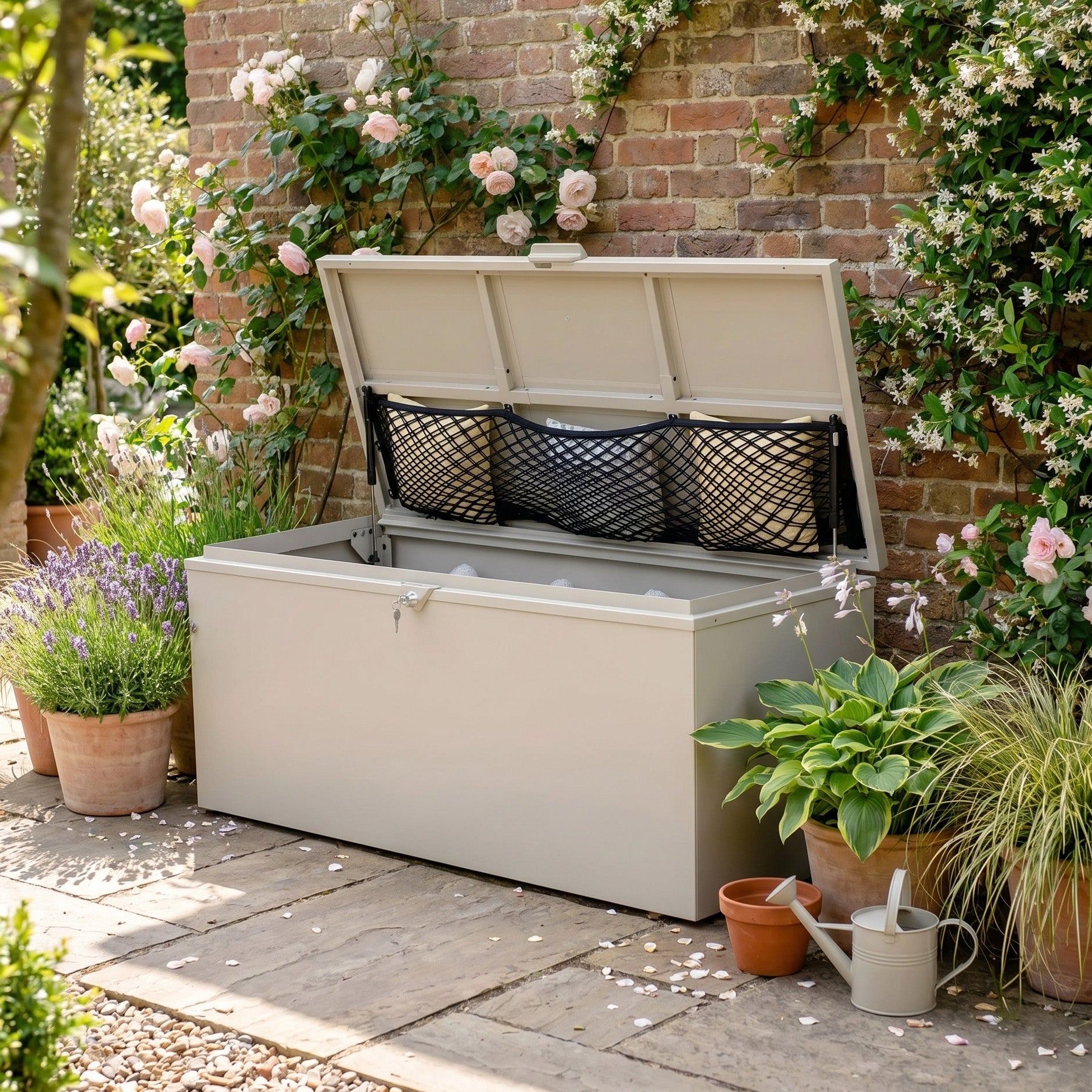 The Large Storage Box in Latte, shown with the lid open among potted plants and flowers by a brick wall, provides spacious outdoor storage for your garden essentials.