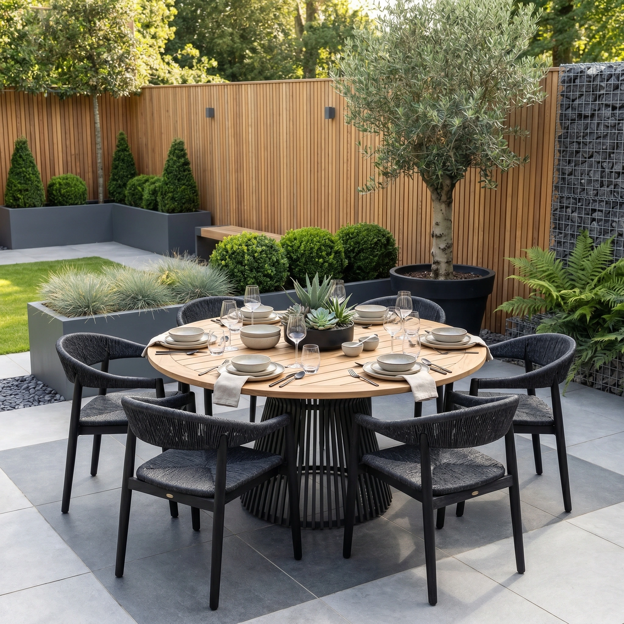 The Lucca 6 Seat Dining Set with Teak Round Table in Black is the standout feature of this landscaped garden, offering stylish and durable outdoor dining for six.