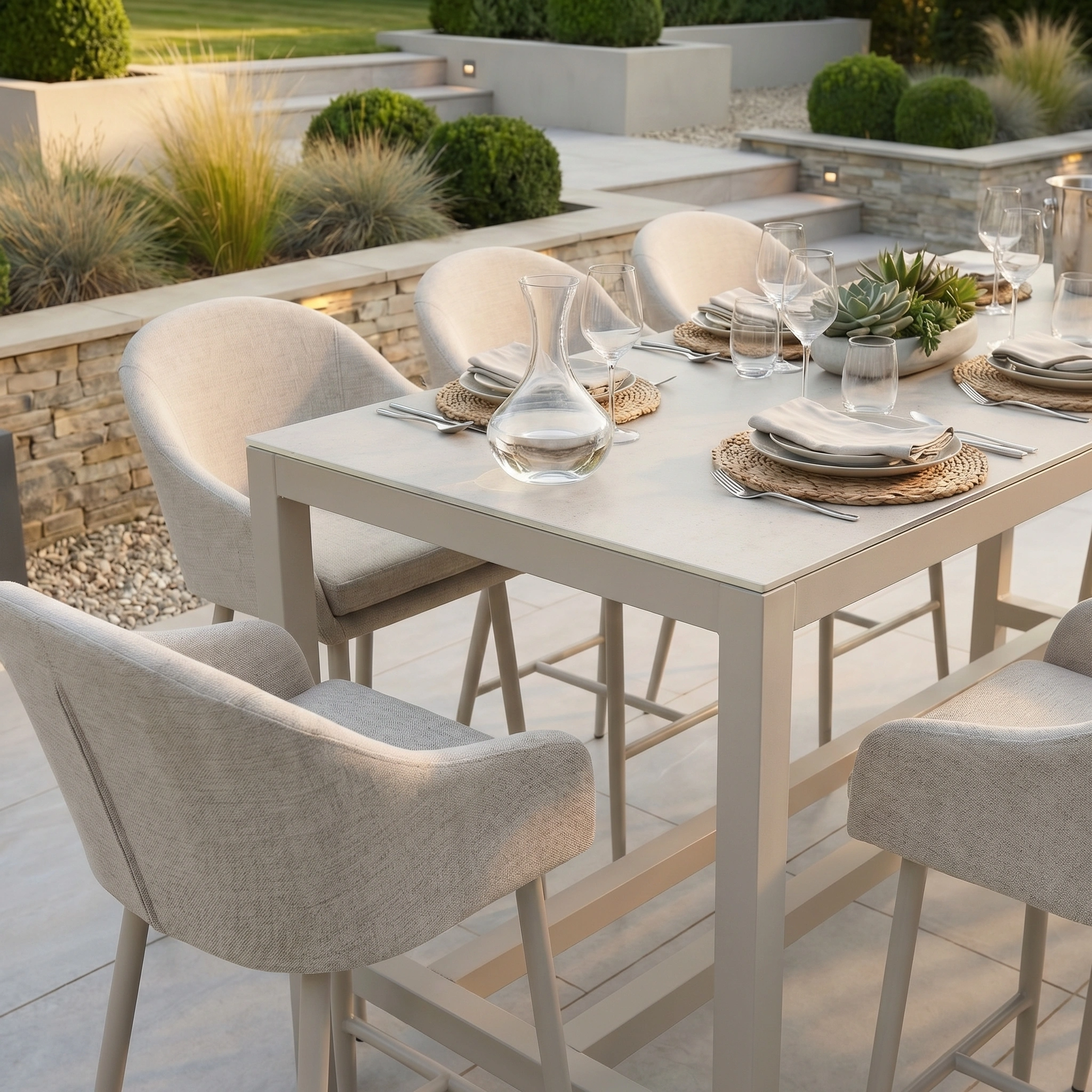 Contemporary patio featuring the Luna 8 Seat Bar Set in Fawn, with cushioned chairs made from durable outdoor fabric, seating eight amid lush landscaping.