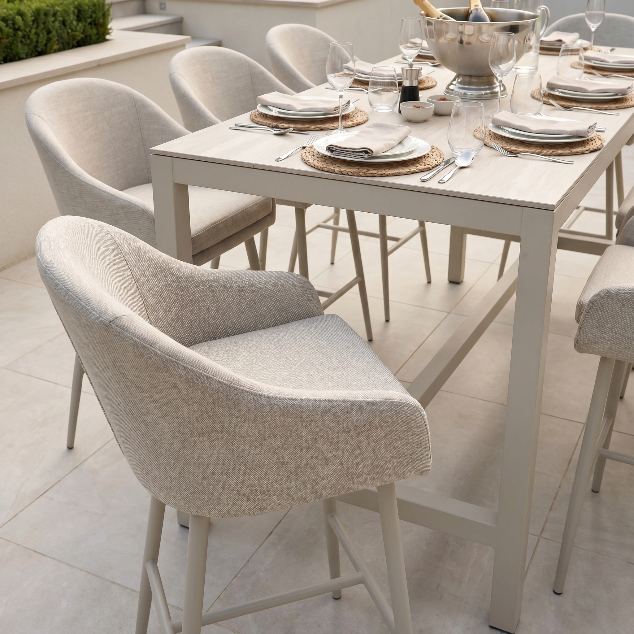 Enjoy outdoor dining with the Luna 8 Seat Bar Set in Fawn—crafted from all-weather materials for style and comfort. Perfect for larger gatherings, this set includes spacious seating and chic design for your patio.