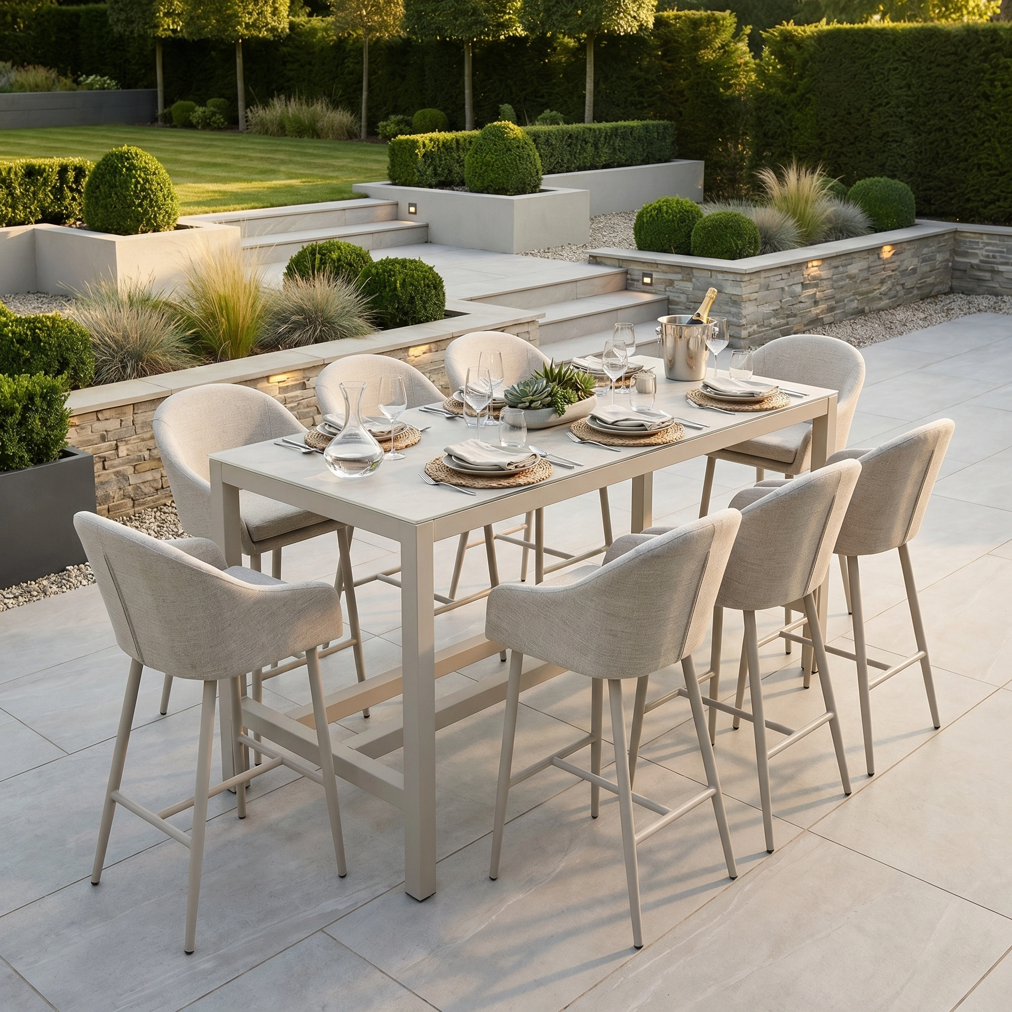 The Luna 8 Seat Bar Set in Fawn is perfect for outdoor patio dining, crafted from all-weather materials and ideal for relaxing amid landscaped gardens and lush greenery.