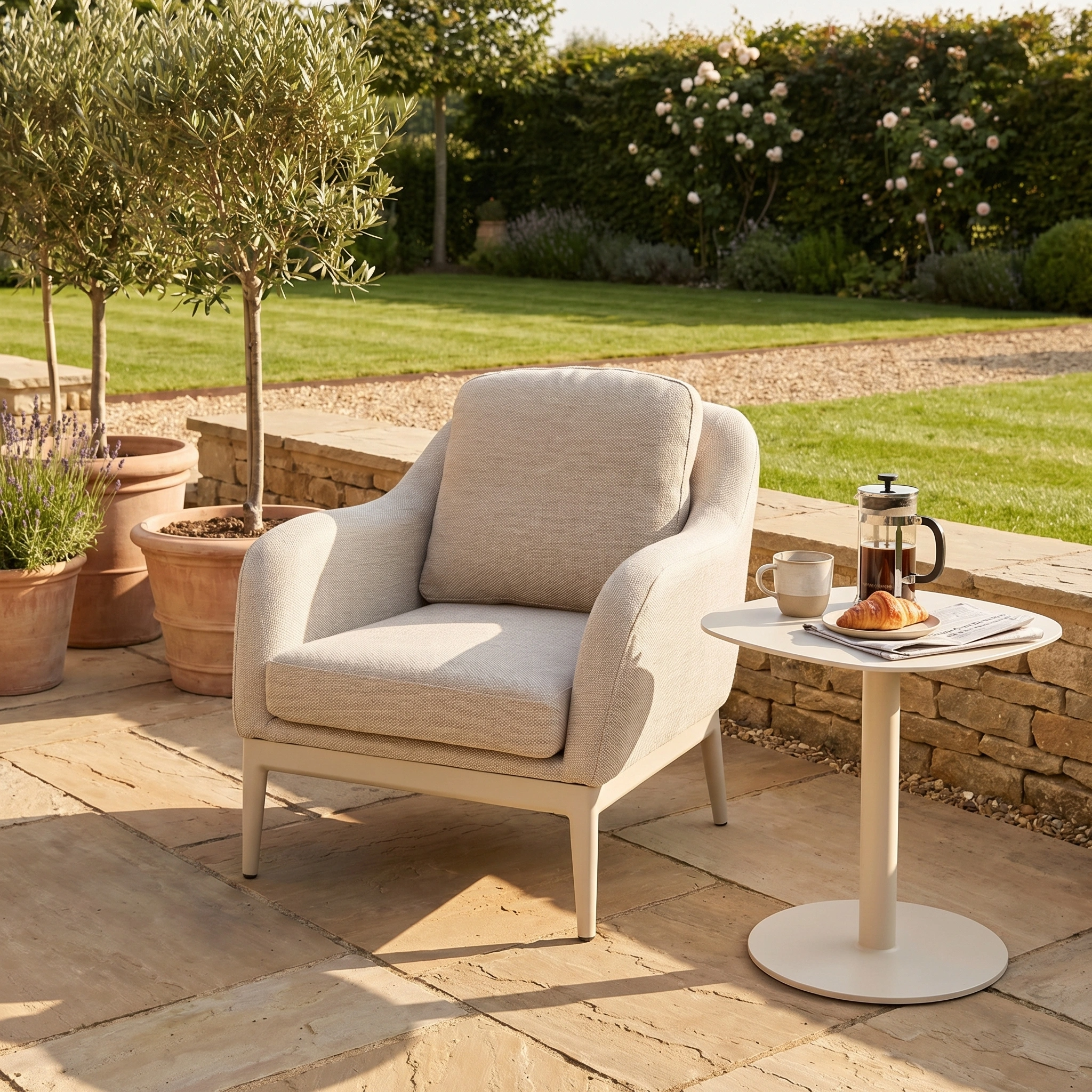 The Luna Armchair in Fawn, upholstered in stain-proof outdoor fabric, pairs effortlessly with a side table on a sunny stone terrace, coffee and croissant ready amid the garden backdrop for all-weather comfort.