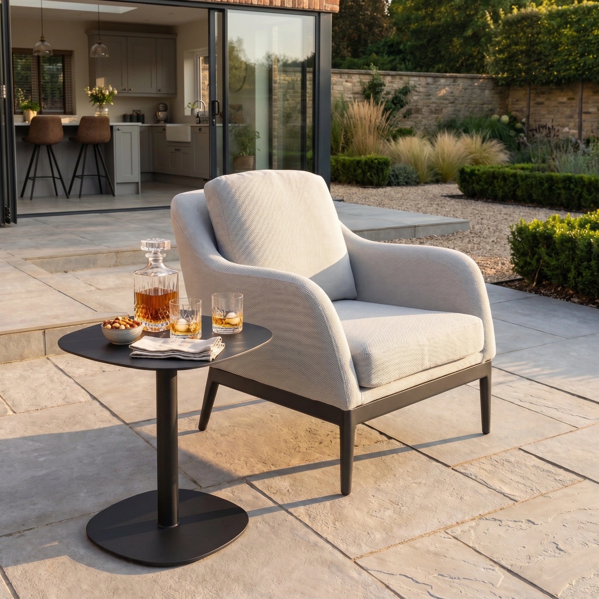 The Luna Armchair in Oyster Grey sits beside a small table with drinks and snacks on a stone terrace near a modern kitchen.