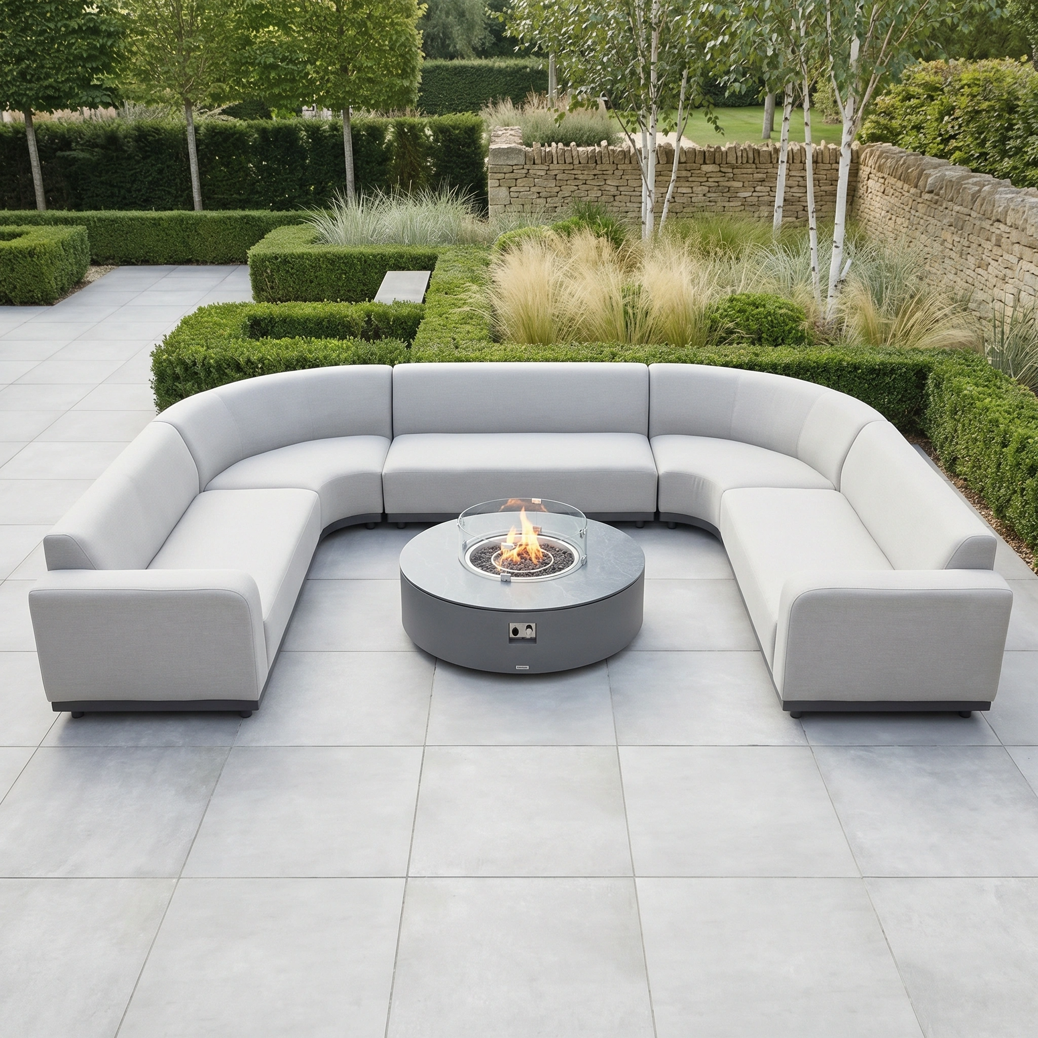 The Luna U-Shape Outdoor Fabric Curved Corner Group with Round Firepit Coffee Table in Oyster Grey creates a stylish outdoor retreat on the patio, pairing all-weather comfort with garden views.
