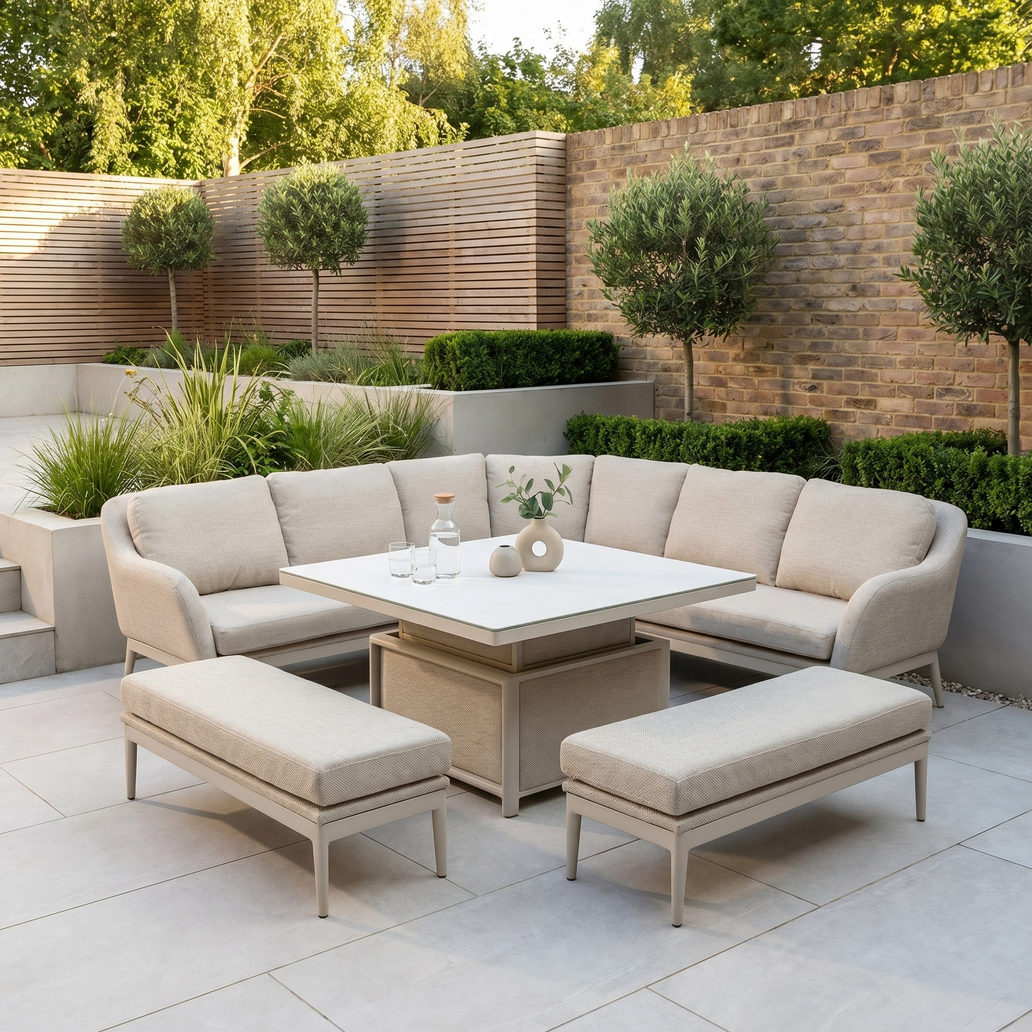 Modern patio featuring the Luna Deluxe Outdoor Fabric Square Corner Dining Set with Rising Table in Fawn, paired with two benches and lush greenery against stylish brick and wood fences.