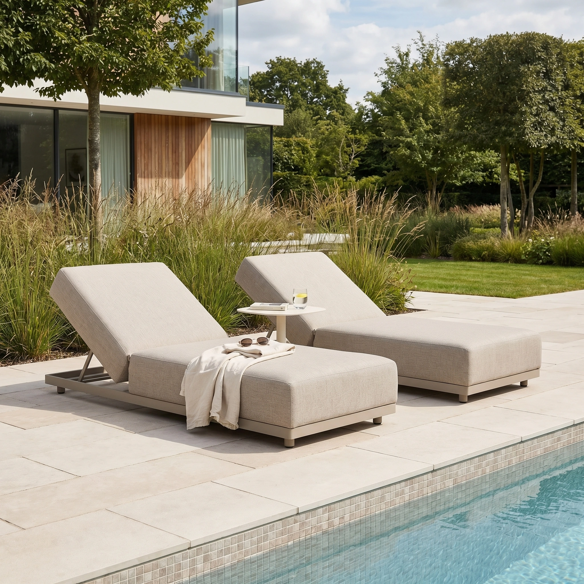 Two Luna Outdoor Fabric Deluxe Sun Loungers in Fawn, featuring stain-resistant fabric, and a small table are placed by a modern pool, surrounded by lush greenery and trees.