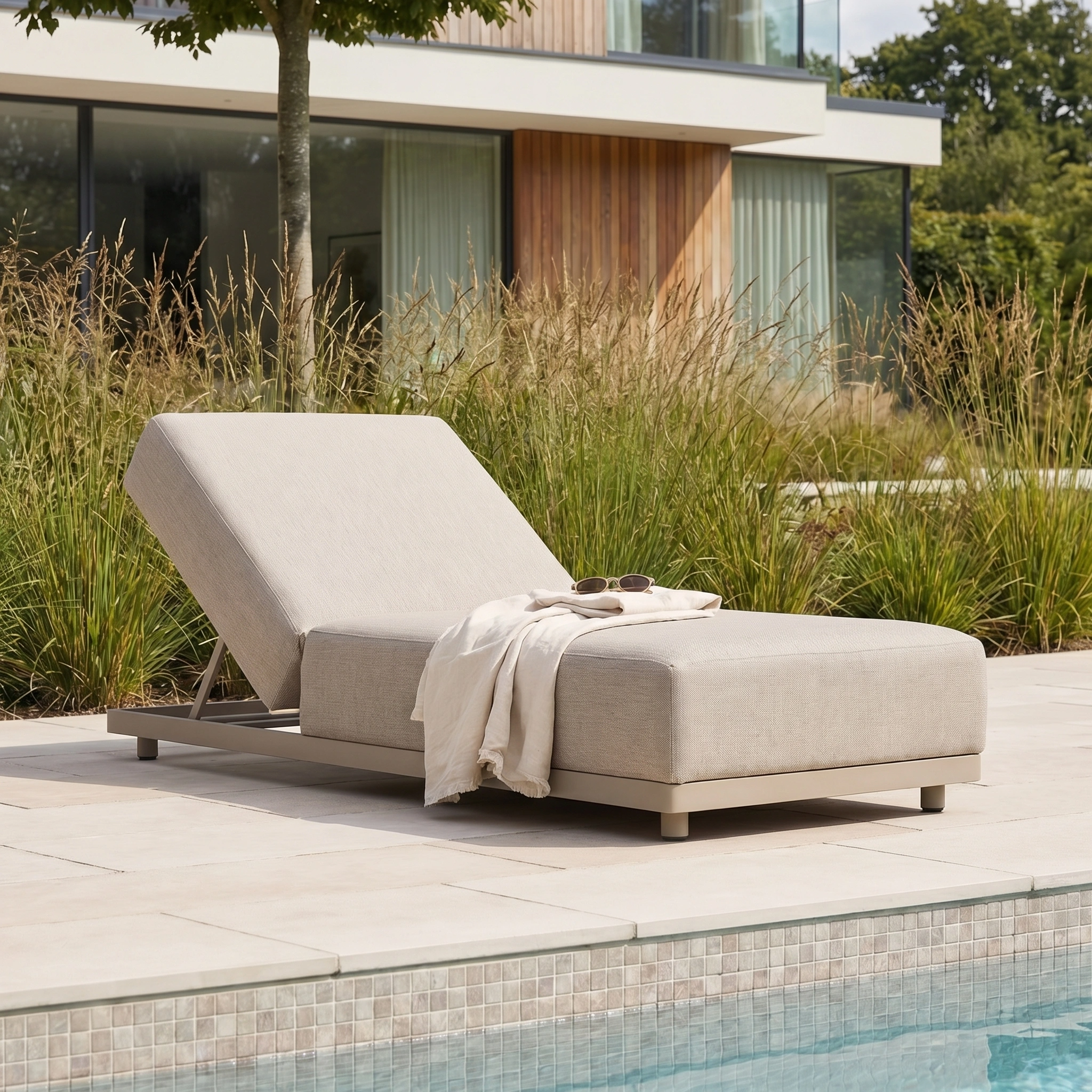 The Luna Outdoor Fabric Deluxe Sun Lounger in Fawn, seen poolside with sunglasses and a light throw, boasts stain-resistant, weatherproof fabric—ideal for relaxing outdoors in a beautifully landscaped yard.
