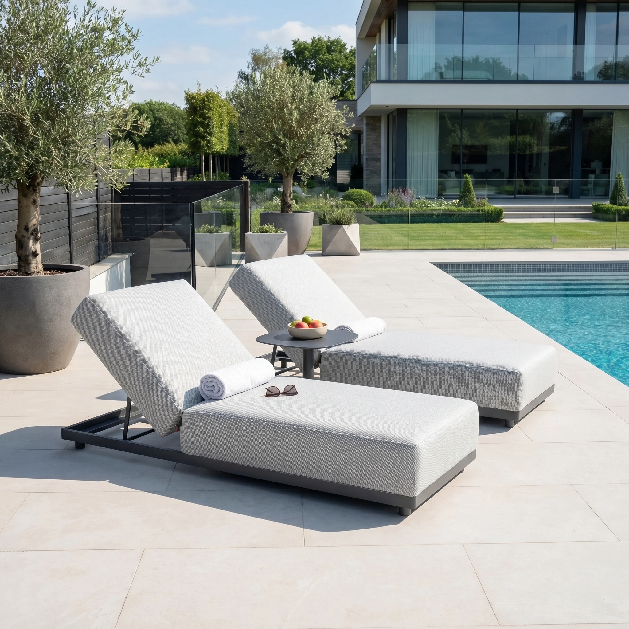 The Luna Outdoor Fabric Deluxe Sun Lounger in Oyster Grey sits poolside by a contemporary house and lush landscaping—ideal garden furniture for stylish, comfortable outdoor relaxation.
