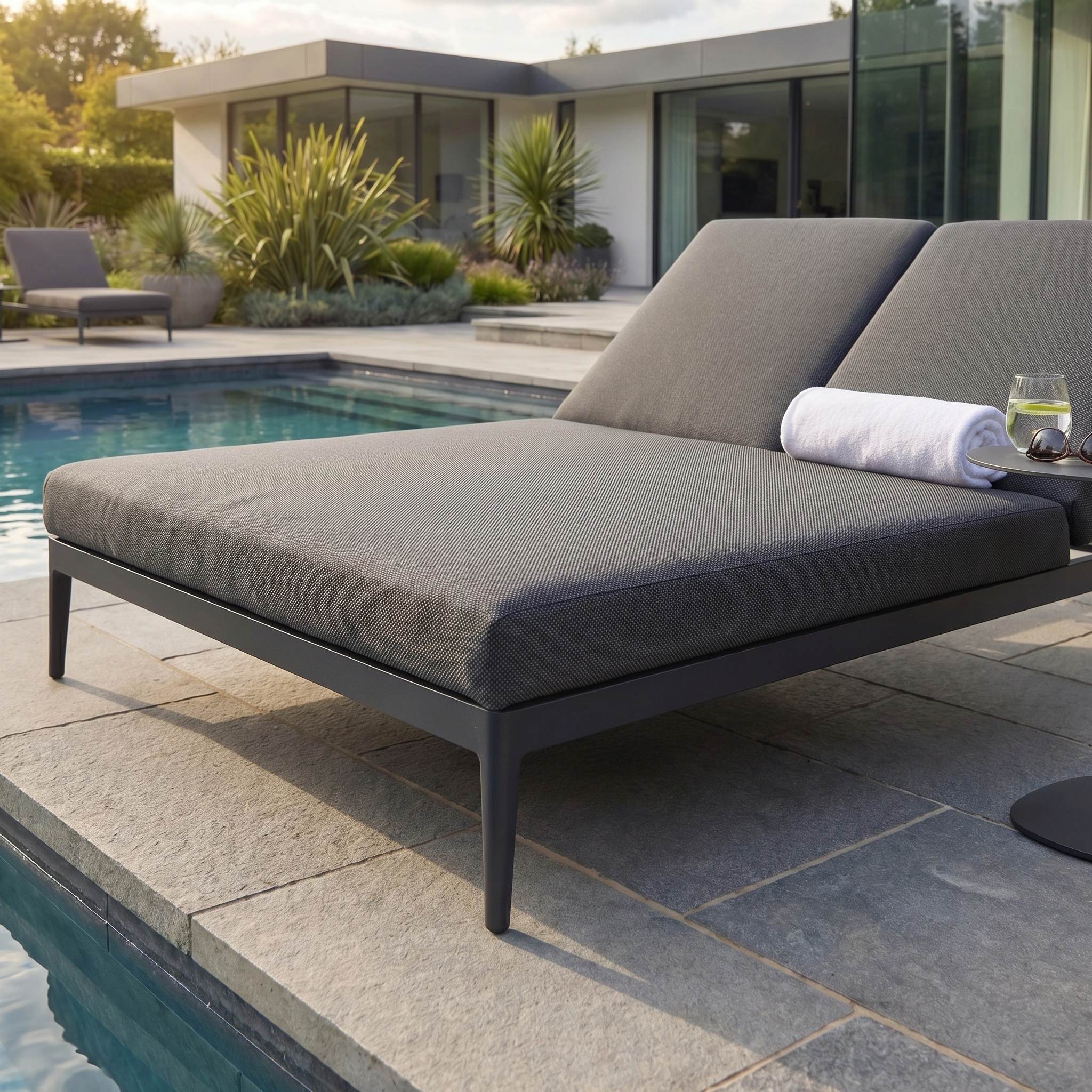 The Luna Outdoor Fabric Double Sun Lounger in Grey offers poolside comfort, complete with space for your towel and drink, set against a sleek contemporary home.