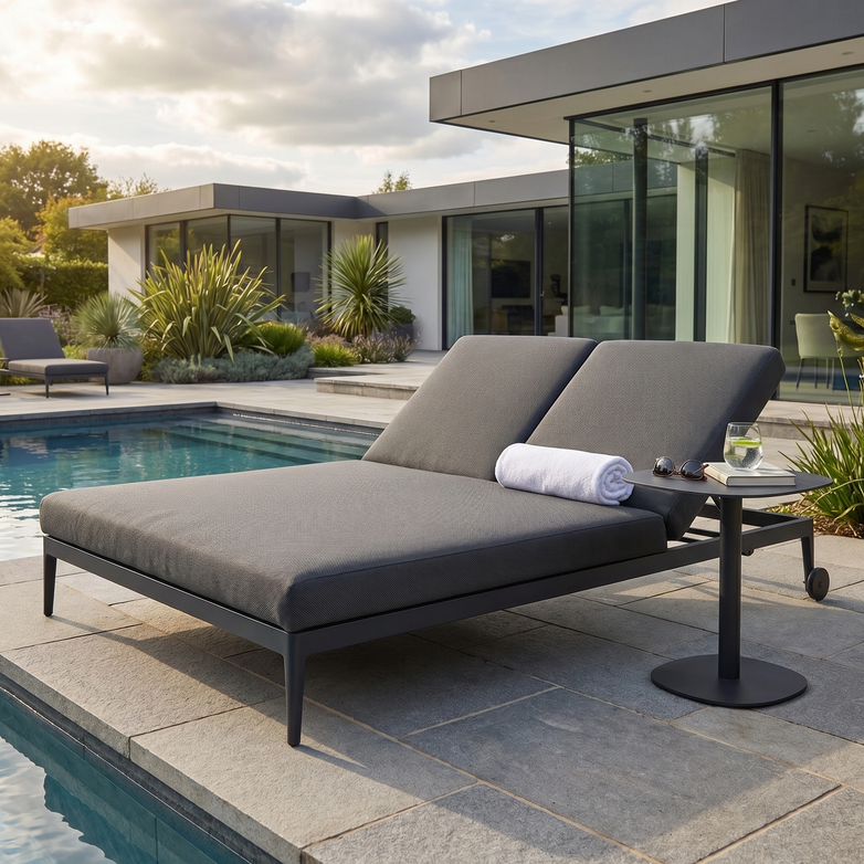 The Luna Outdoor Fabric Double Sun Lounger in Grey, crafted from all-weather materials, is shown with a rolled towel and drink next to a chic glass-walled house.
