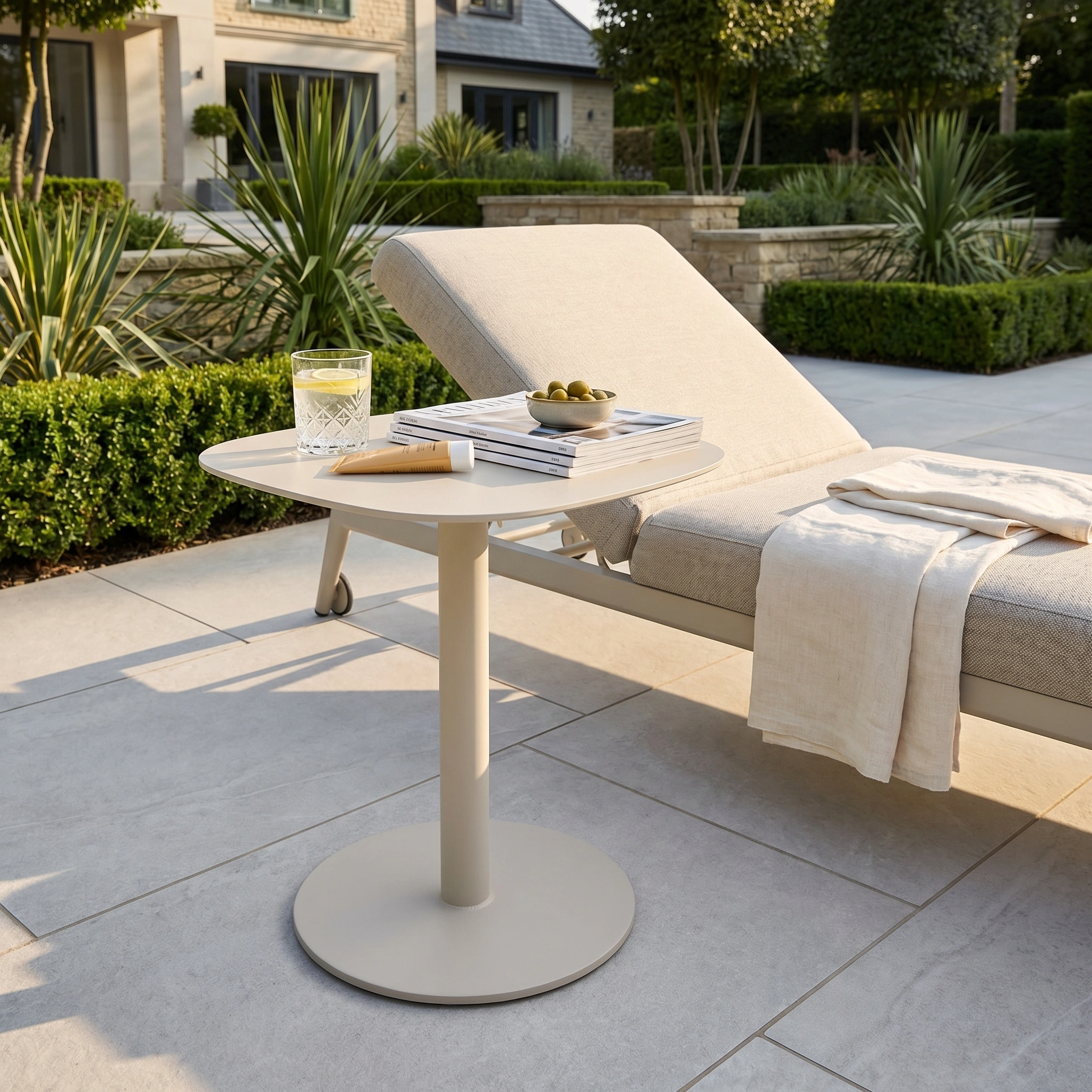 A Luna outdoor lounge chair and the Luna Side Table in Latte (45cm x 45cm), topped with a drink, book, and snacks, await on a sunny patio surrounded by lush greenery.