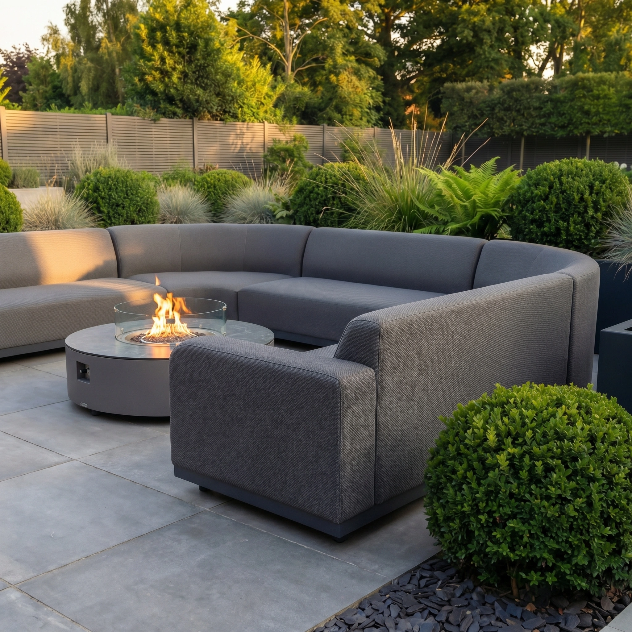 Modern patio with lush greenery, showcasing the Luna U-Shape Outdoor Fabric Curved Corner Dining set in grey and a round firepit coffee table on a sunny day.