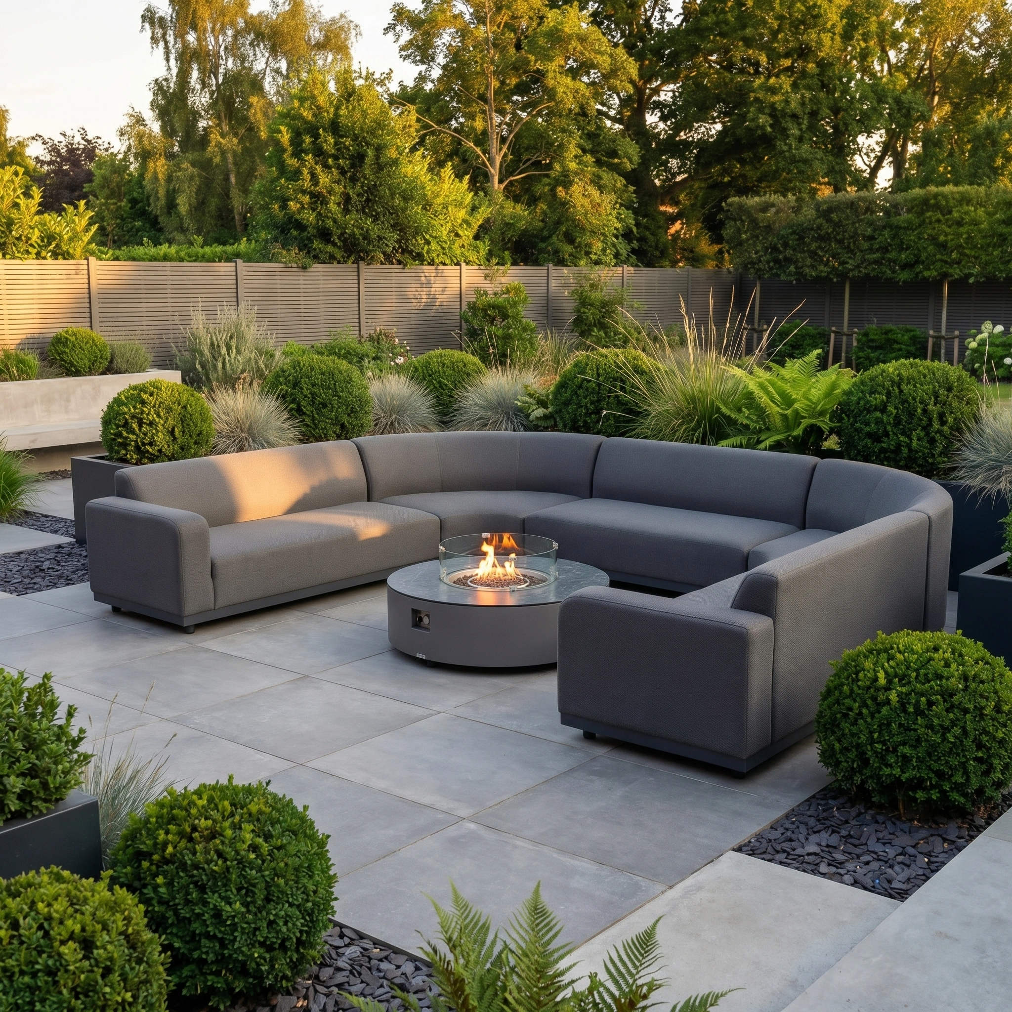 The Luna U-Shape Outdoor Fabric Curved Corner Dining set in Grey with a round firepit coffee table creates a cozy, inviting patio surrounded by lush green plants.