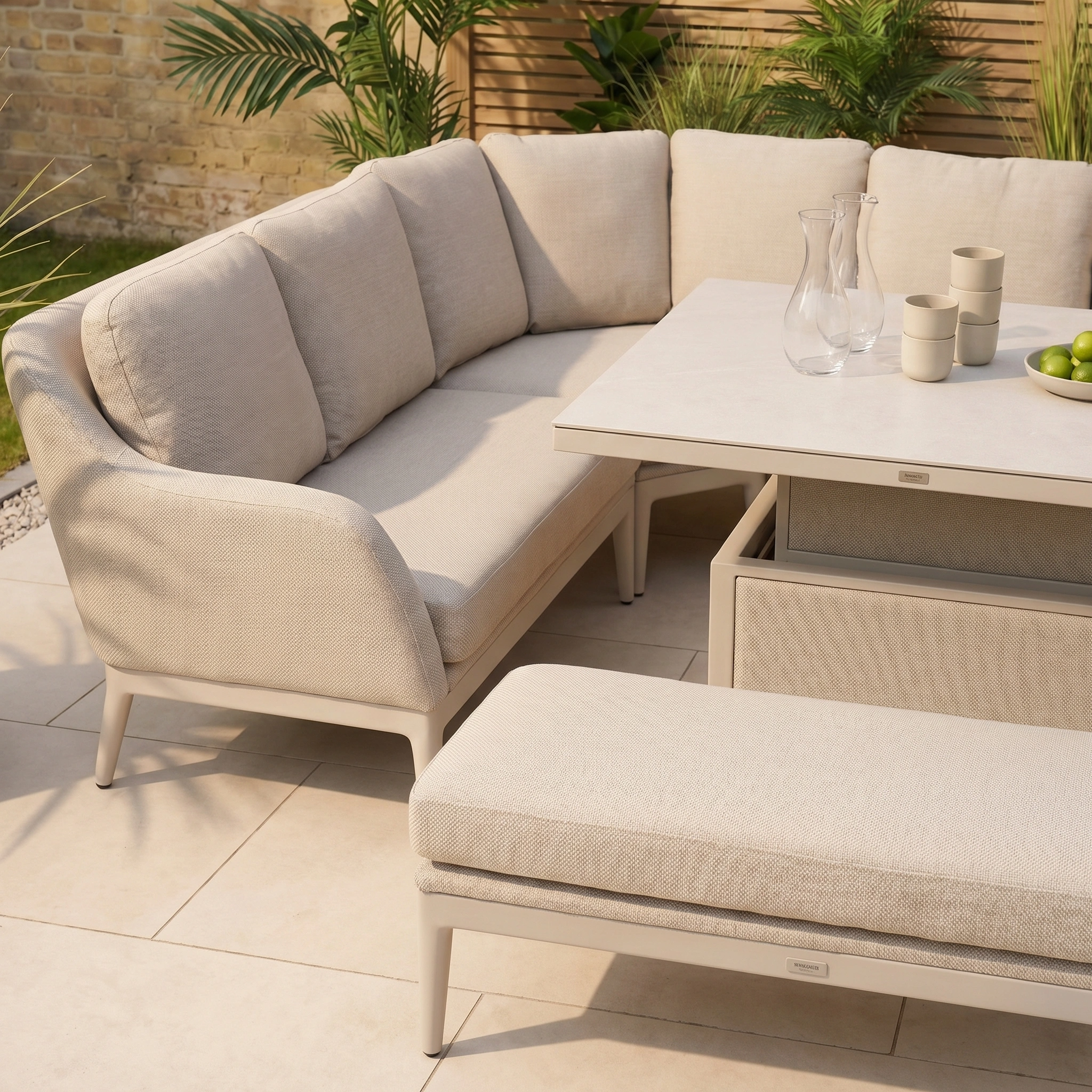 The Luna U-Shape Outdoor Fabric Corner Dining with Rising Table in Fawn is displayed on a tiled patio, set with glass pitchers, cups, and a bowl of limes.
