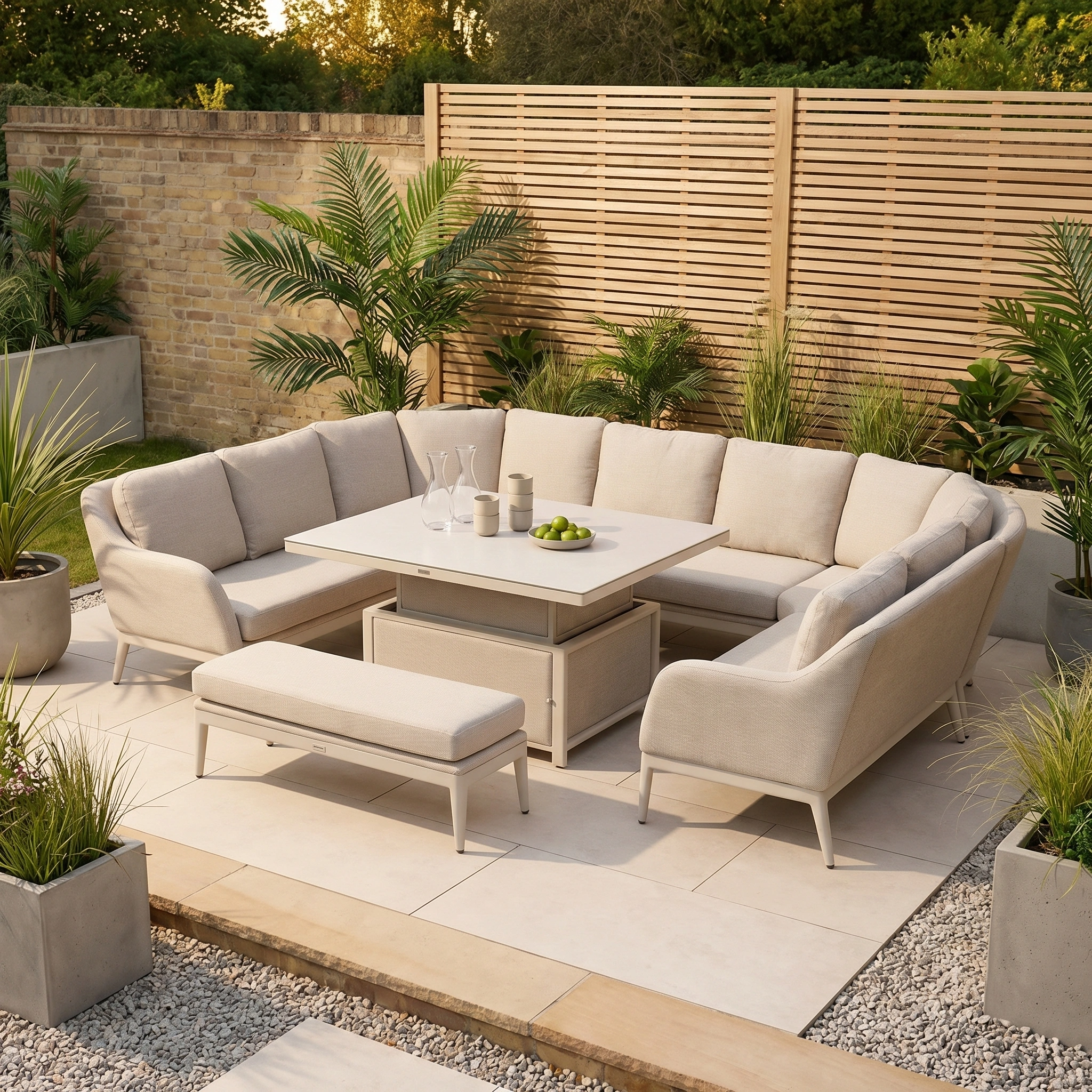 The Luna U-Shape Outdoor Fabric Corner Dining with Rising Table in Fawn, paired with a bench and surrounded by potted plants, creates a stylish modern patio setting.