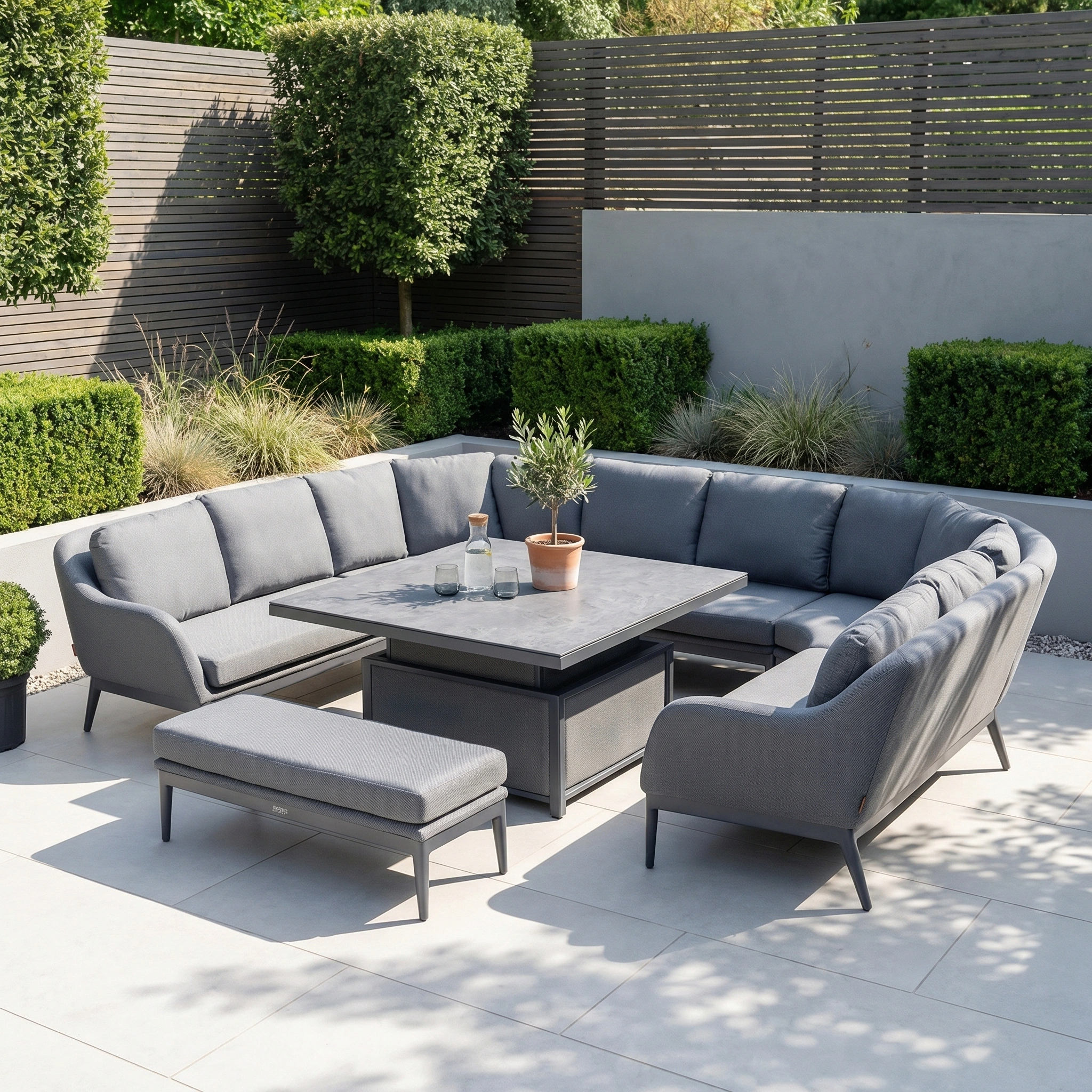 The Luna U-Shape Outdoor Fabric Corner Dining with Rising Table in Grey offers plush seating, a versatile rising table, and a stylish design—perfect all-weather garden furniture for inviting outdoor gatherings.