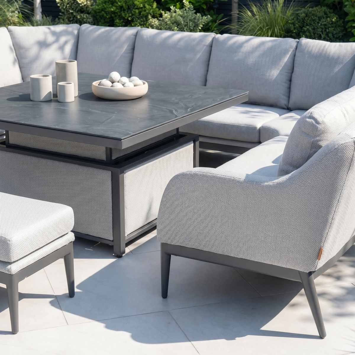 Moda Rising Table Luna U-Shape Outdoor Fabric Corner Dining with Rising Table in Oyster Grey