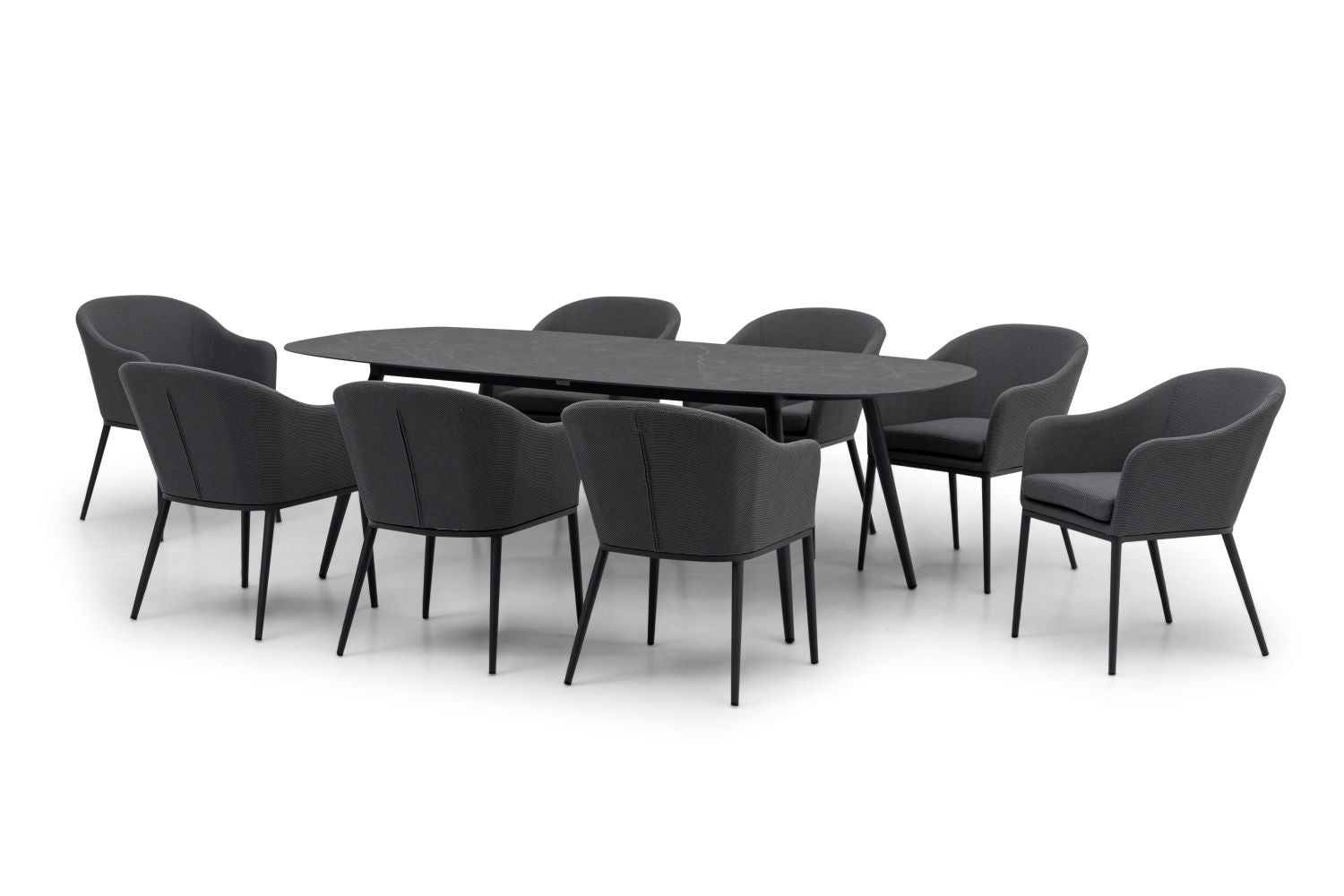 The Luna 8 Seat Outdoor Fabric Oval Ceramic Dining Set in Grey features an elegant design with a gray surface and includes eight matching chairs, all showcased against a white background.