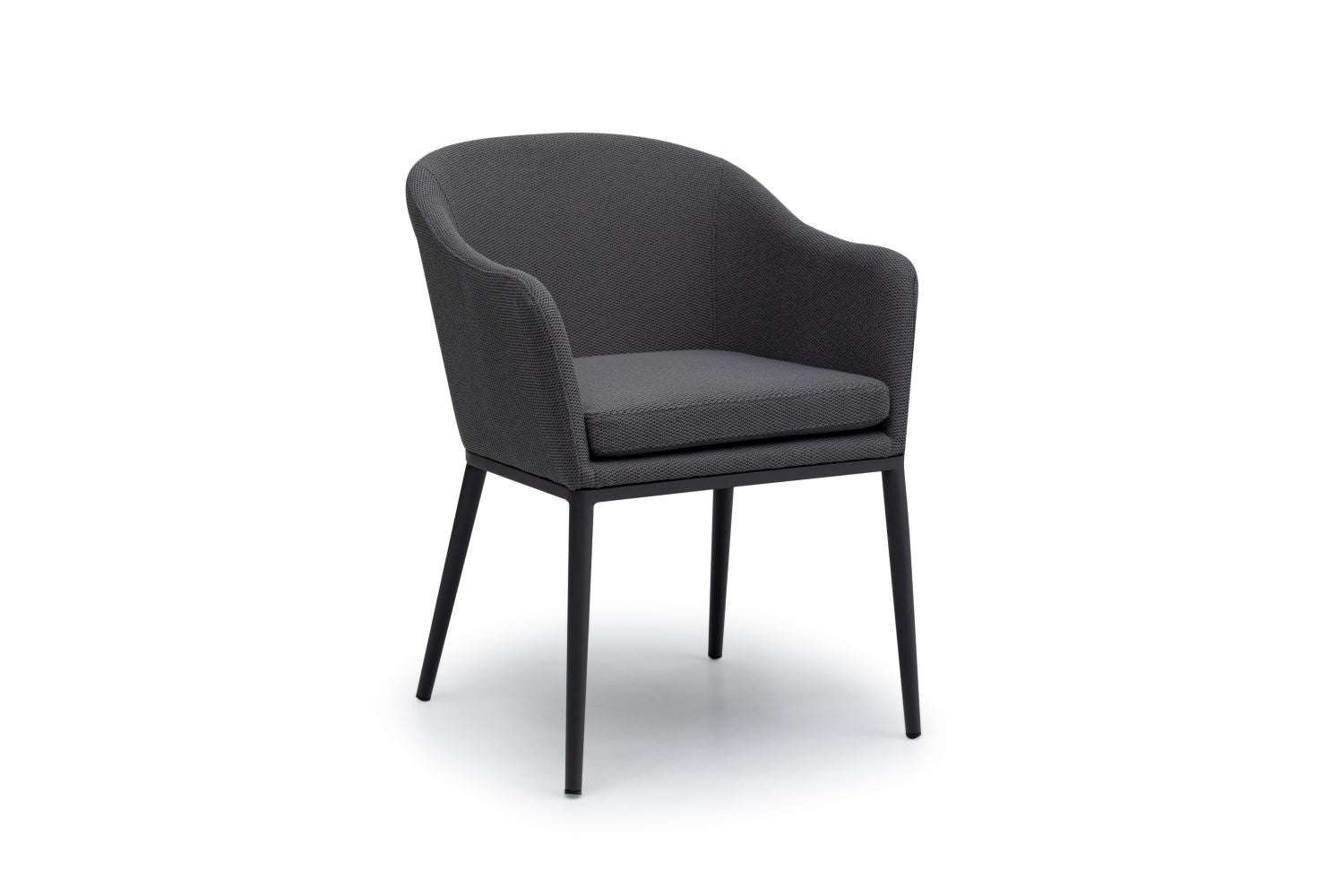 A sleek, dark gray upholstered chair featuring a cushioned seat and black legs made from all-weather material, presented on a white background. Part of the Luna 8 Seat Outdoor Fabric Oval Ceramic Dining Set in Grey.