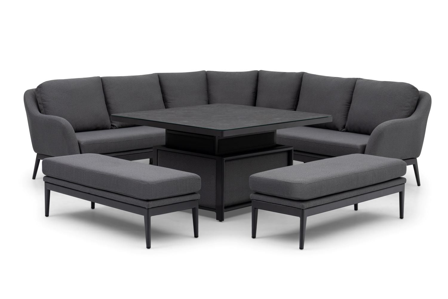 The Luna Deluxe Outdoor Fabric Square Corner Dining Set with Rising Table in Grey, featuring a sectional grey sofa set with two ottomans and a central square table on a white background, is made from all-weather material. The Harbour Lifestyle Luna Deluxe guarantees durability and style in any outdoor setting.
