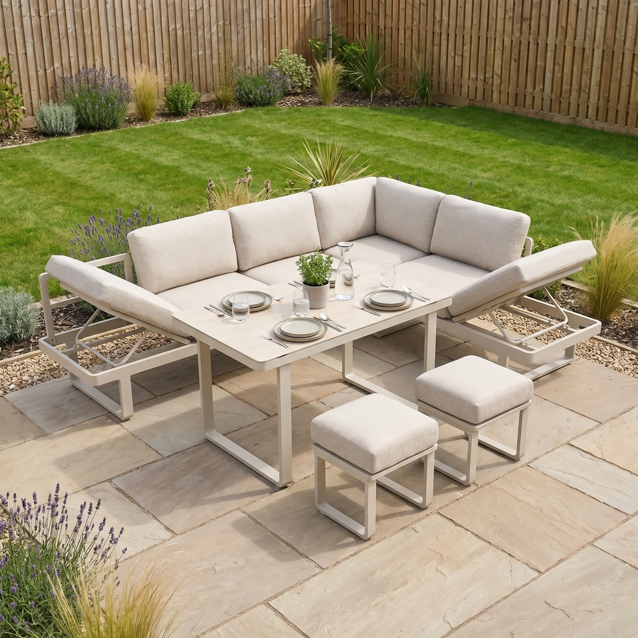 The Lyra Corner Dining Set in Latte offers a beige aluminium sofa, matching stools, and a dining table—perfect for adding style to your garden's stone patio.