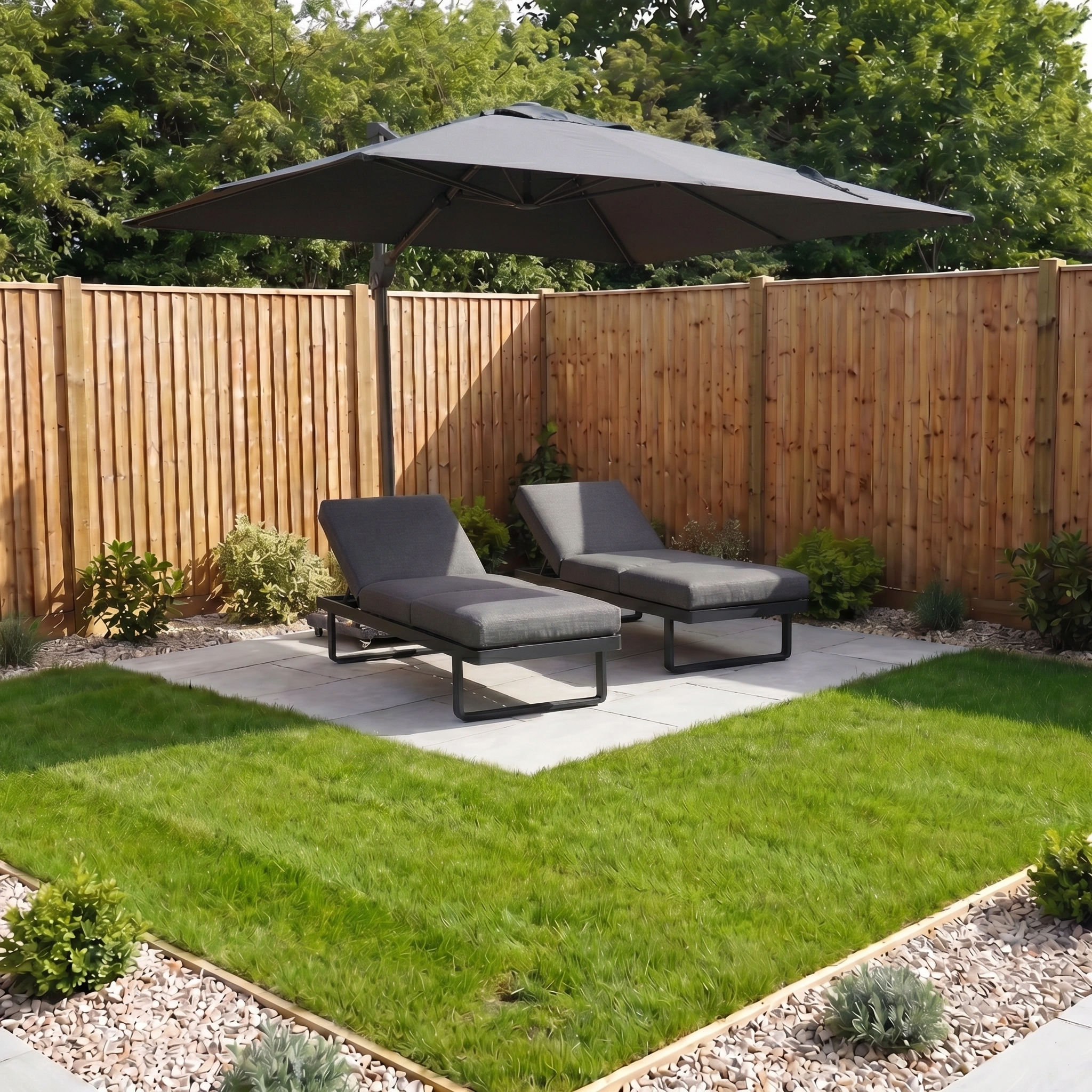 The Lyra Corner Dining Set in Charcoal creates the perfect garden furniture setup on a patio under a large umbrella in a fenced backyard garden.