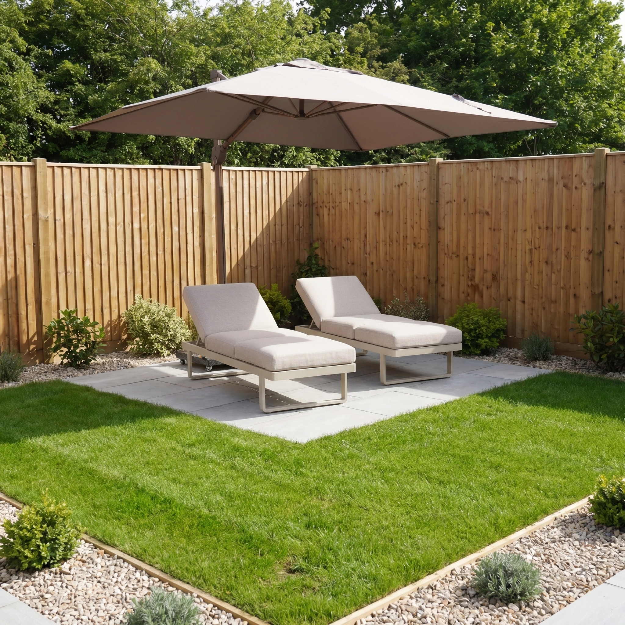 Two loungers and a large umbrella sit on a patio in a fenced backyard with green grass and small plants, complemented by stylish outdoor furniture like the Lyra Corner Dining Set in Latte.