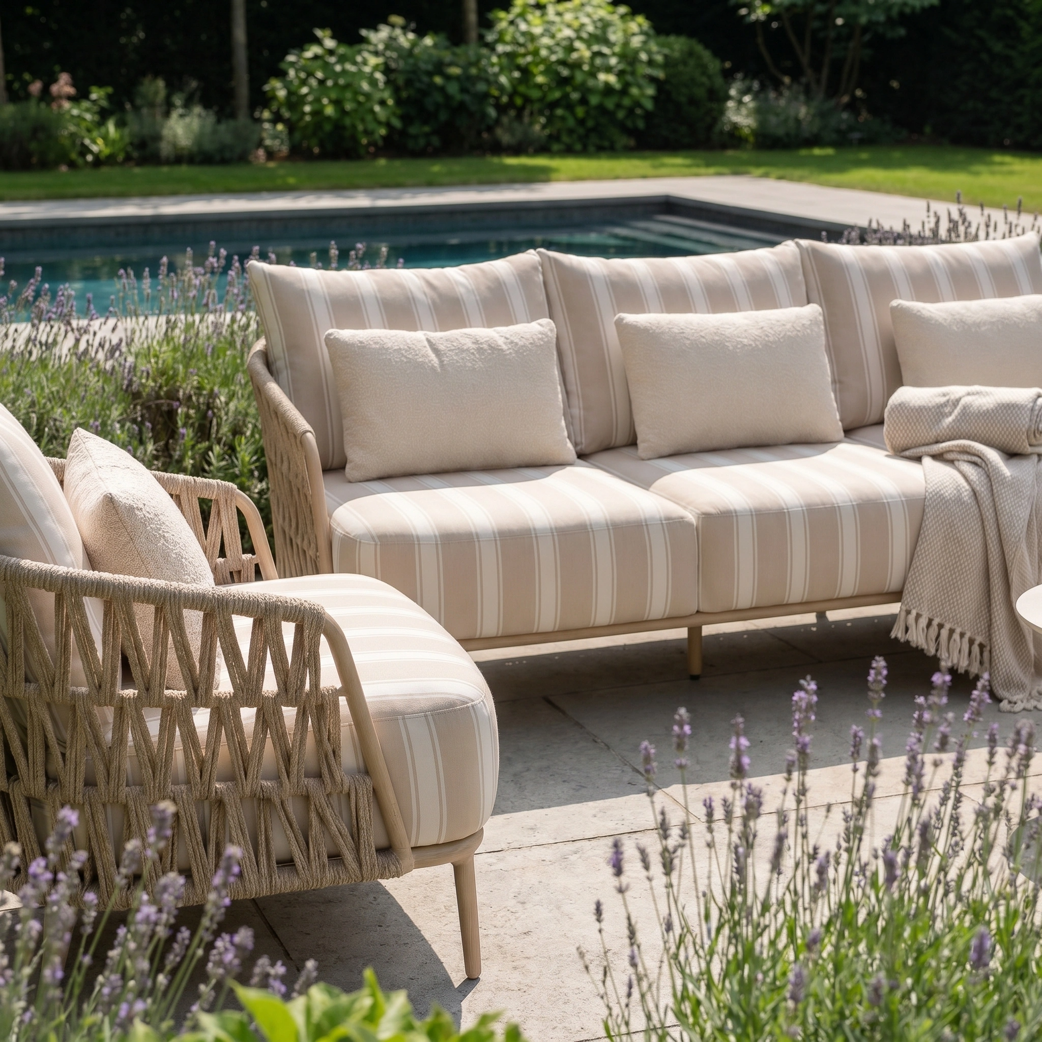 The Madeira 3 Seat Sofa Set in Striped Latte sits by the pool, surrounded by greenery and lavender plants—perfect outdoor garden furniture for relaxing.
