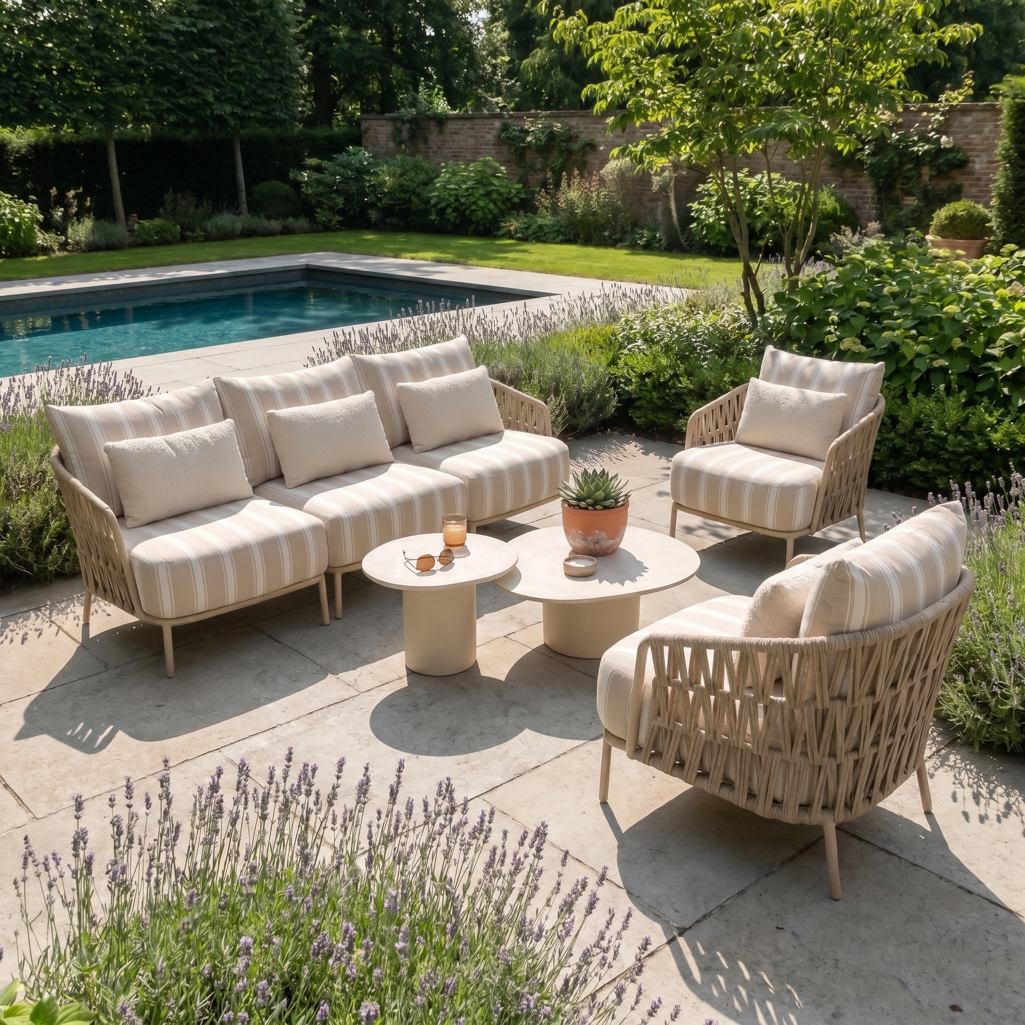 The Madeira 3 Seat Sofa Set in Striped Latte is arranged around a table on a stone terrace by the pool, with lush greenery and flowers nearby.