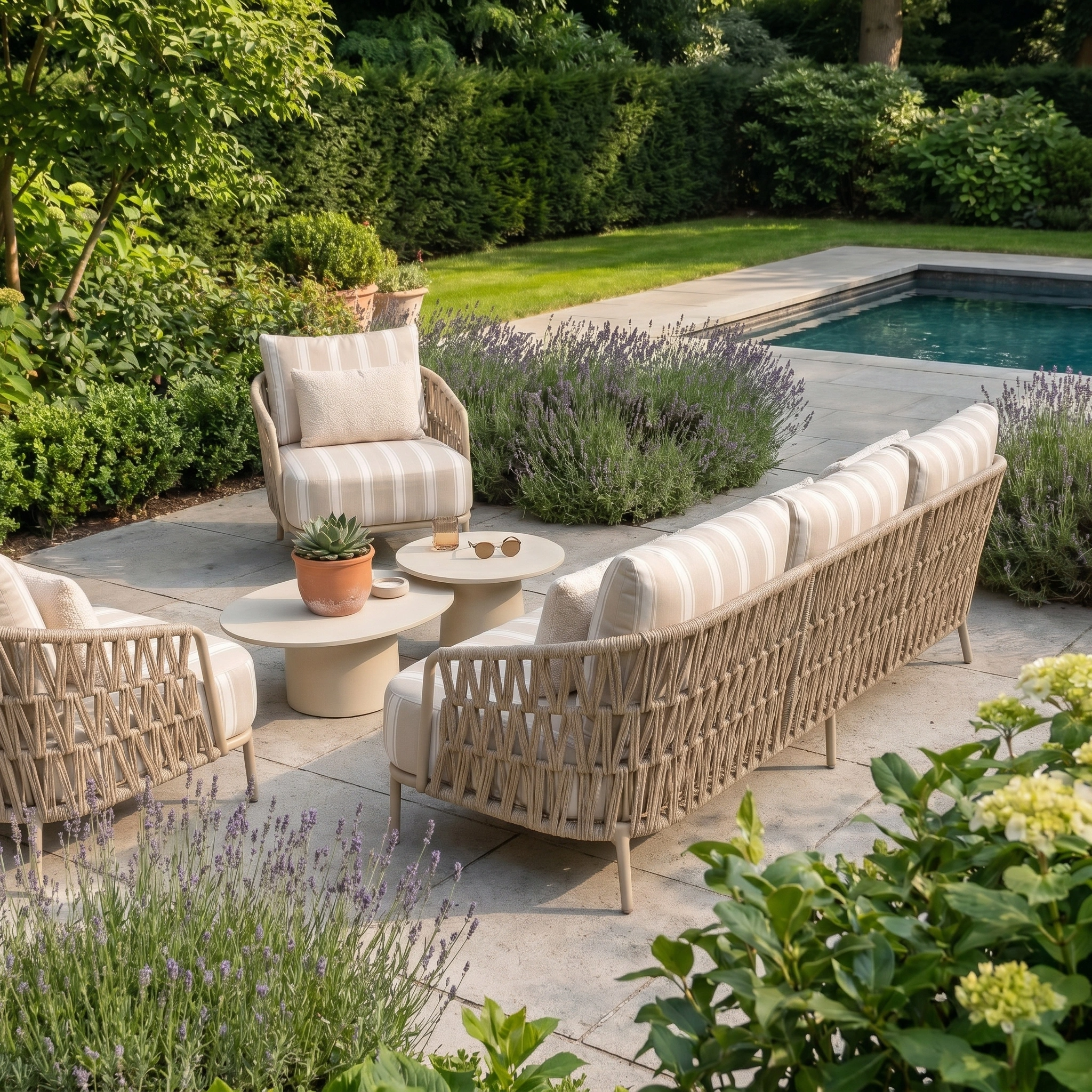 The Madeira 3 Seat Sofa Set in Striped Latte by the pool, surrounded by greenery and lavender bushes, creates a relaxing retreat that brings comfort and style to your backyard oasis.