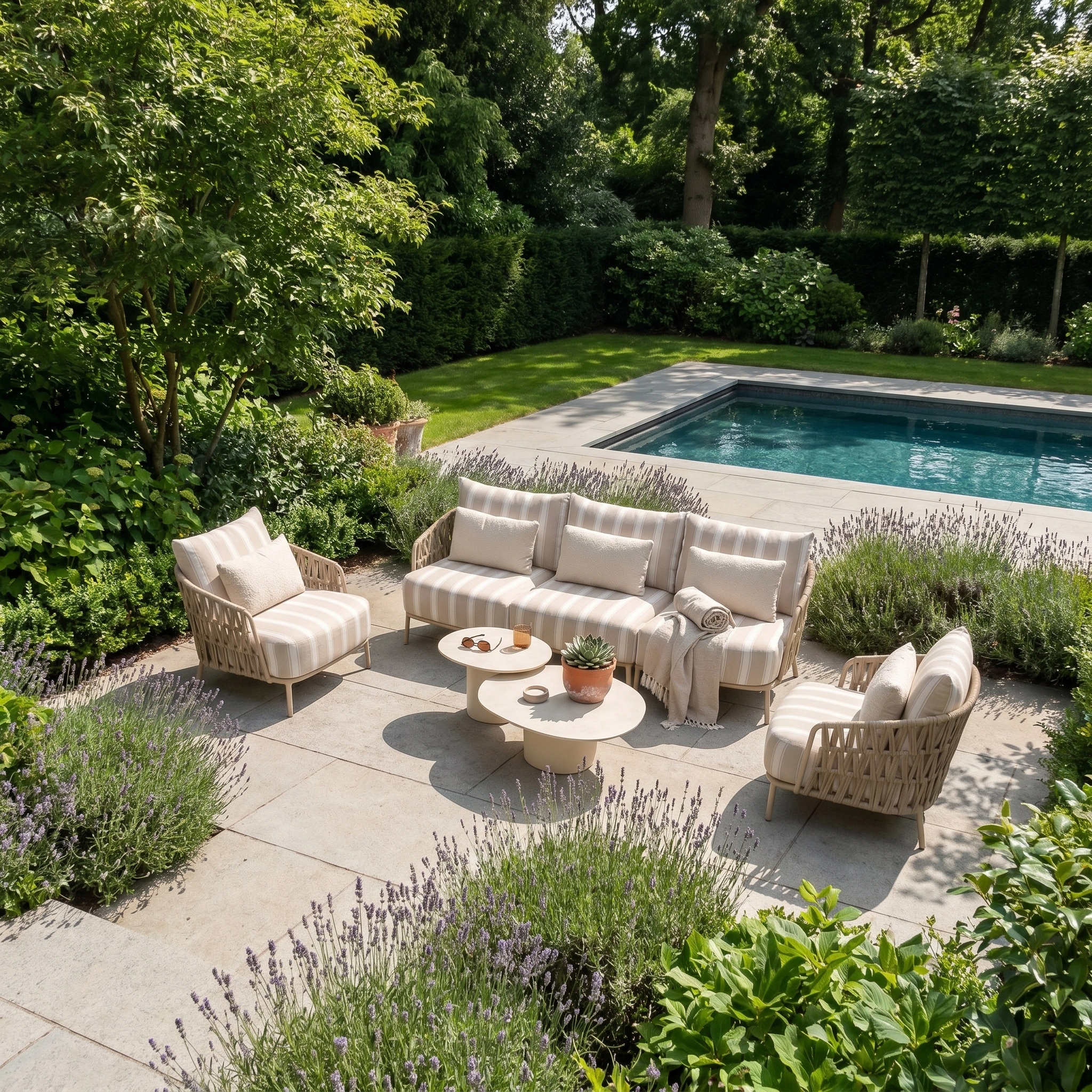 Outdoor patio with striped cushioned seating, round tables, and lush greenery by the pool, featuring the Madeira 3 Seat Sofa Set in Striped Latte for a stylish garden furniture arrangement.