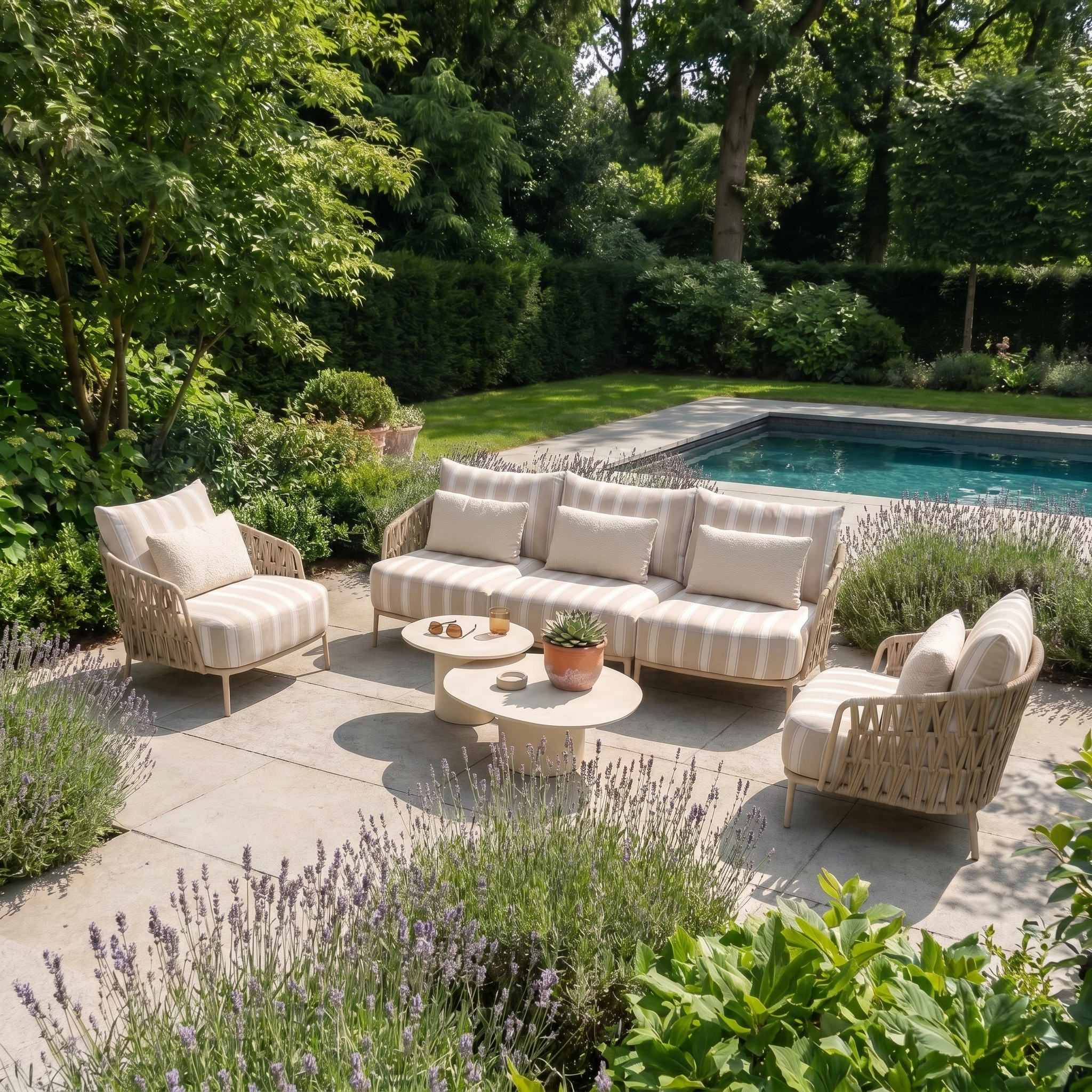 Outdoor patio with beige garden furniture, featuring the Madeira 3 Seat Sofa Set in Striped Latte and a round table, overlooking the pool and surrounded by lush greenery and lavender.