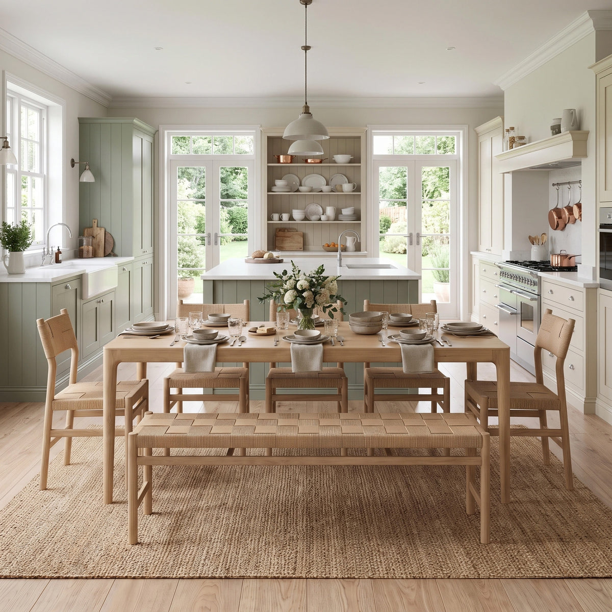 A bright kitchen featuring the Marlow 8 Seat Dining Set with Woven Bench in Light Oak, complemented by neutral decor, open shelves, and large windows overlooking the garden.