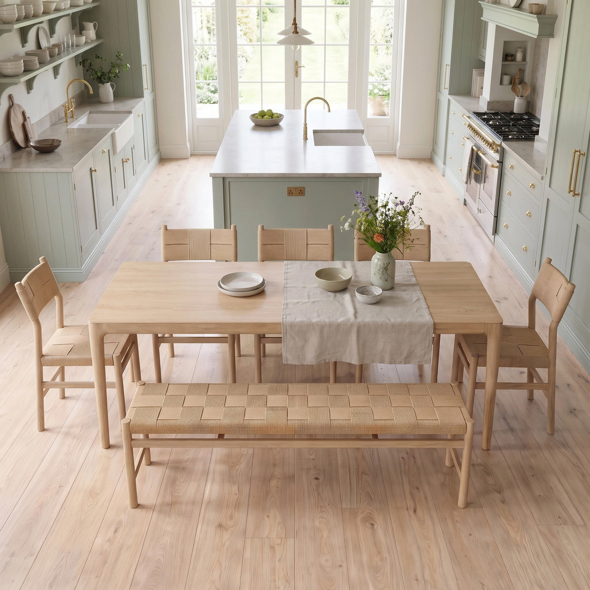A bright kitchen showcases the elegant Marlow 8 Seat Dining Set with Woven Bench in Light Oak, highlighted by a vase of flowers and sunlight streaming through large windows.