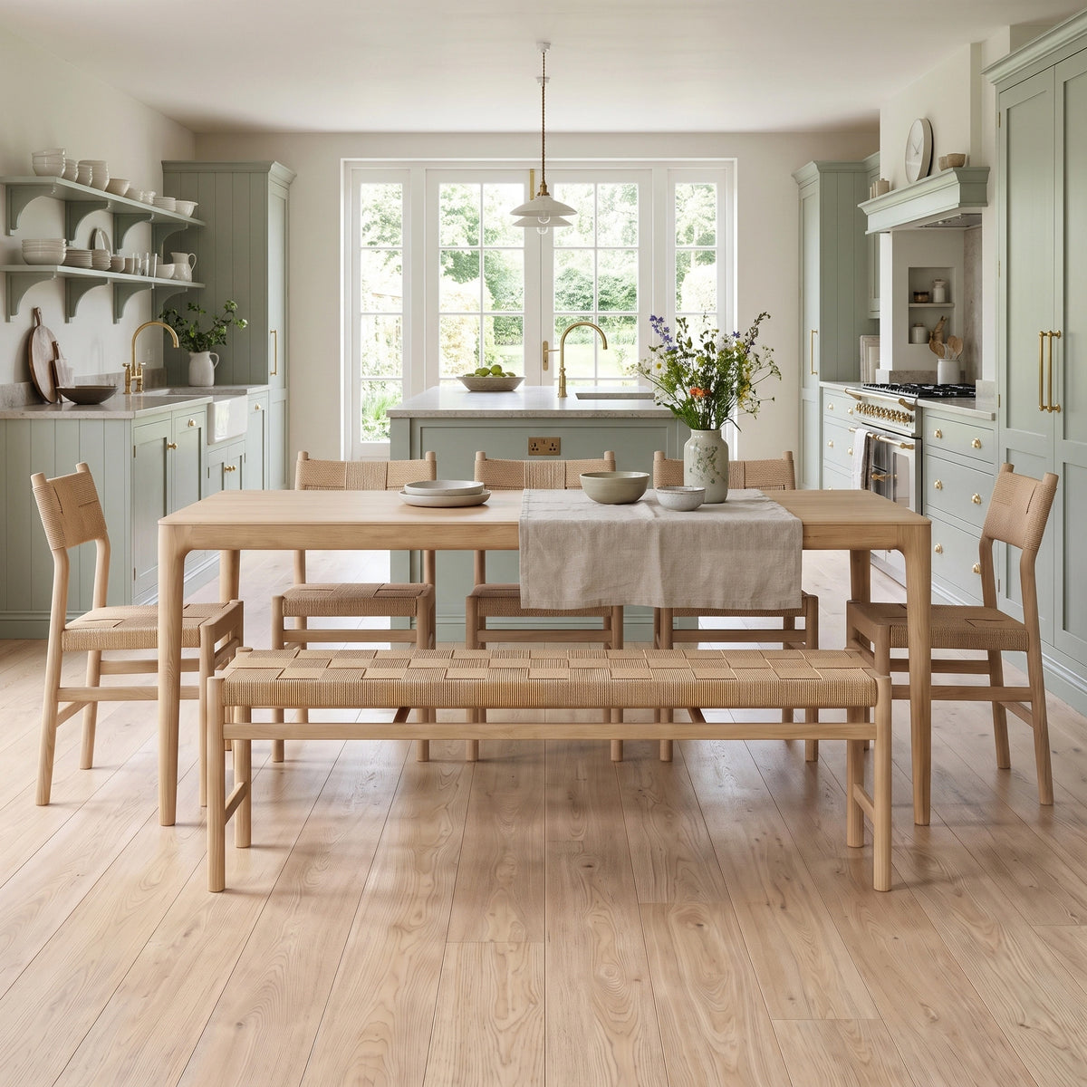 A bright, modern kitchen filled with plants and large windows showcases the Marlow 8 Seat Dining Set with Woven Bench in Light Oak, blending comfort and style for effortless everyday dining.