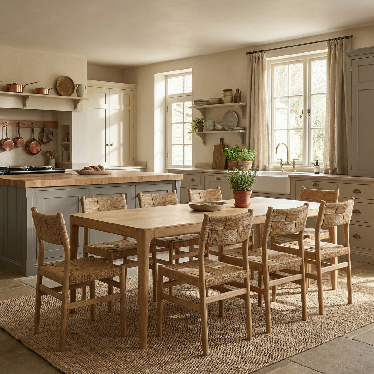 The Marlow 8 Seat Dining Set in Light Oak stands in a bright, rustic kitchen featuring open shelves and large windows.