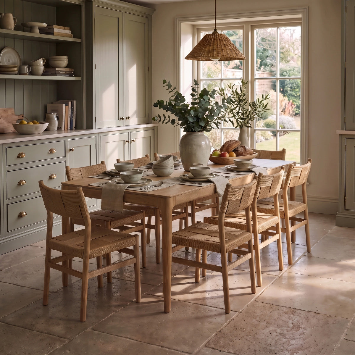 A sunlit kitchen dining area featuring the Marlow 8 Seat Dining Set in Light Oak, complemented by handwoven dining chairs, dishes, and a vase with green leaves.